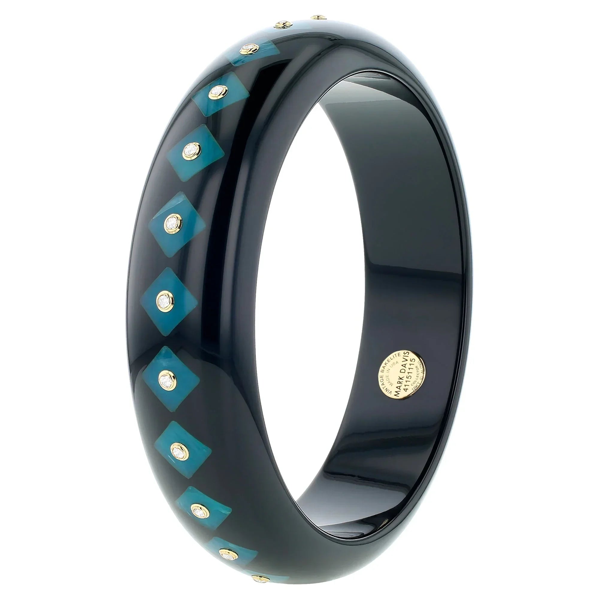 Lia Bangle | Jet black bakelite with inlay and stones. 