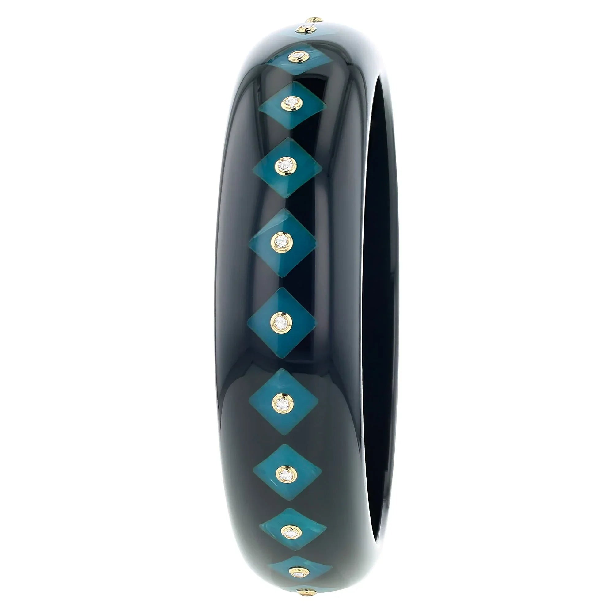 Lia Bangle | Jet black bakelite with inlay and stones. 