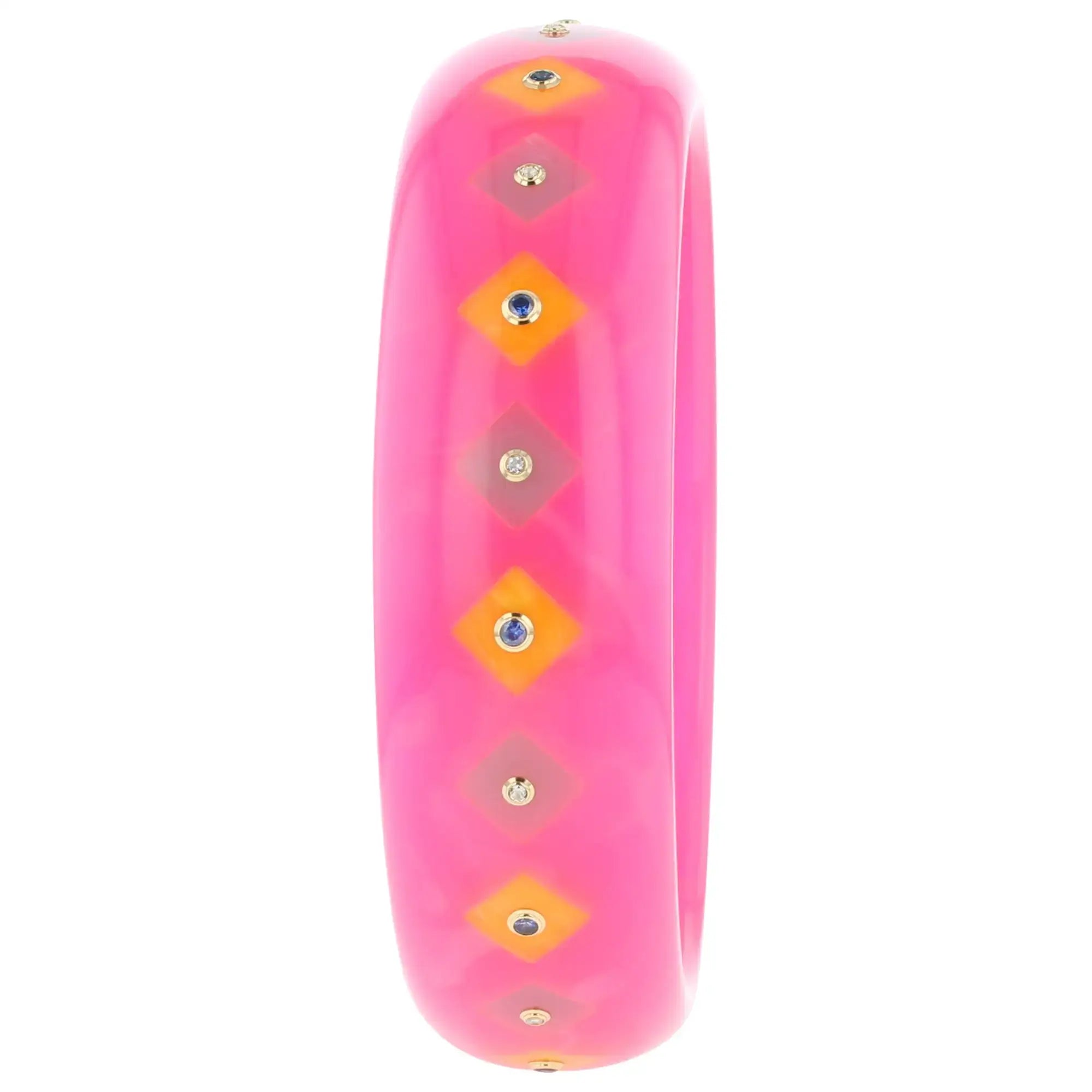 Lia Bangle | Bright pink bakelite with inlay and stones.