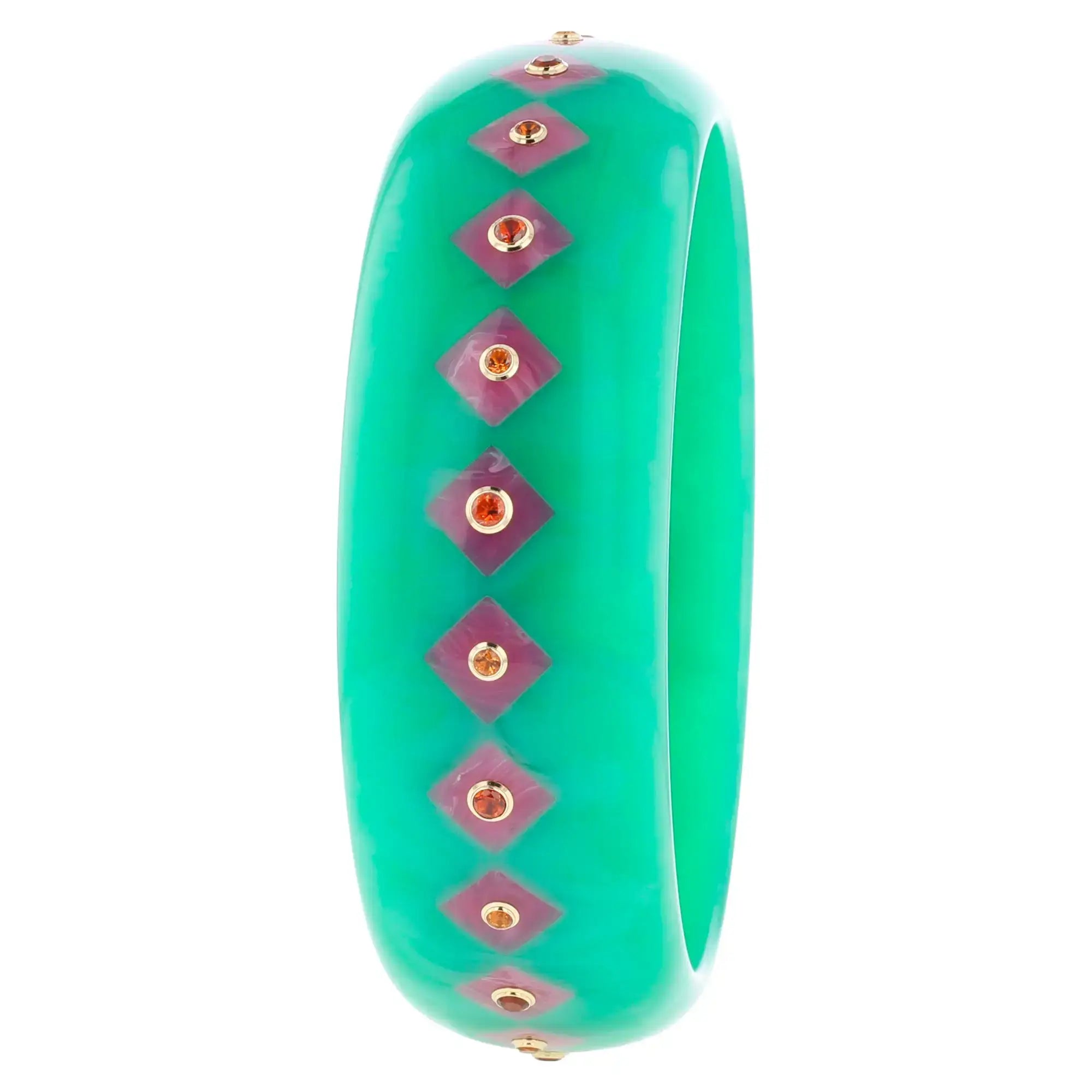 Lia Bangle | Bluish green bakelite with inlay and stones.