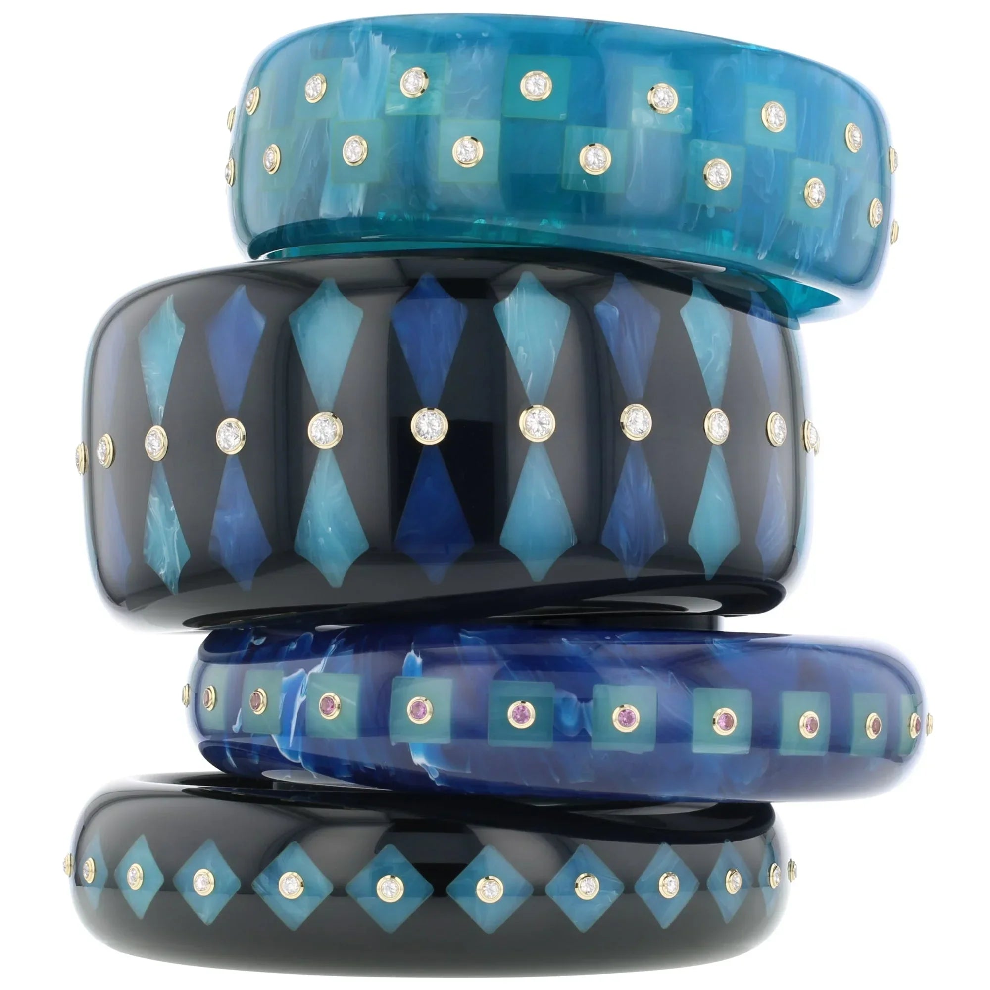 Lia Bangle | Jet black bakelite with inlay and stones. 