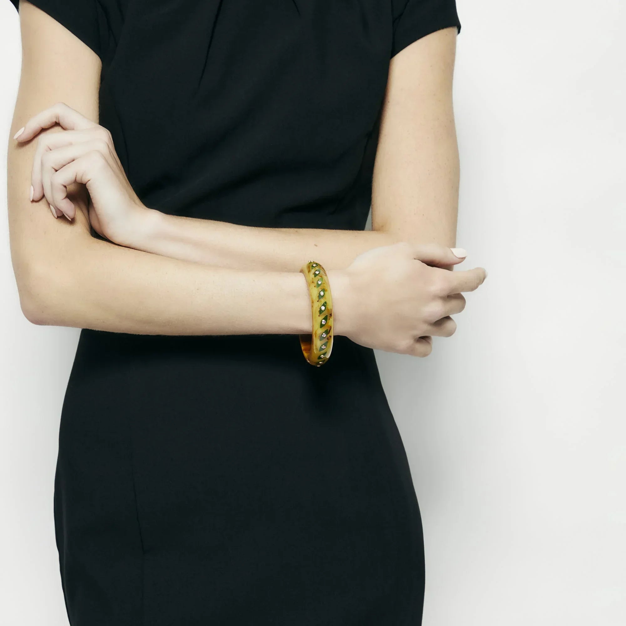 Linden Bangle | Cream beige bakelite with inlay and stones.