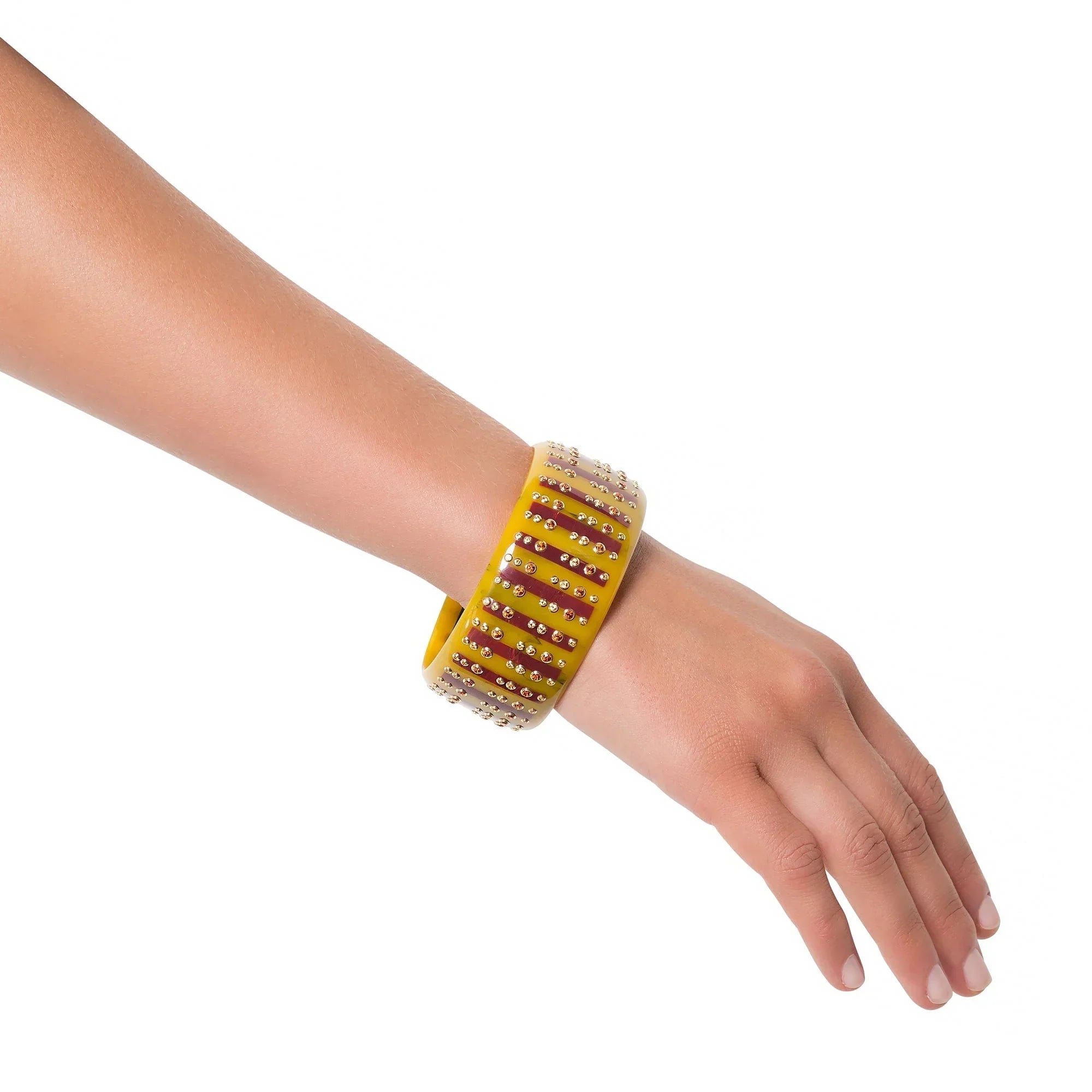 Linea Dalfon Bangle | Bakelite bangle with an inlay of bakelite stripes and set stones.