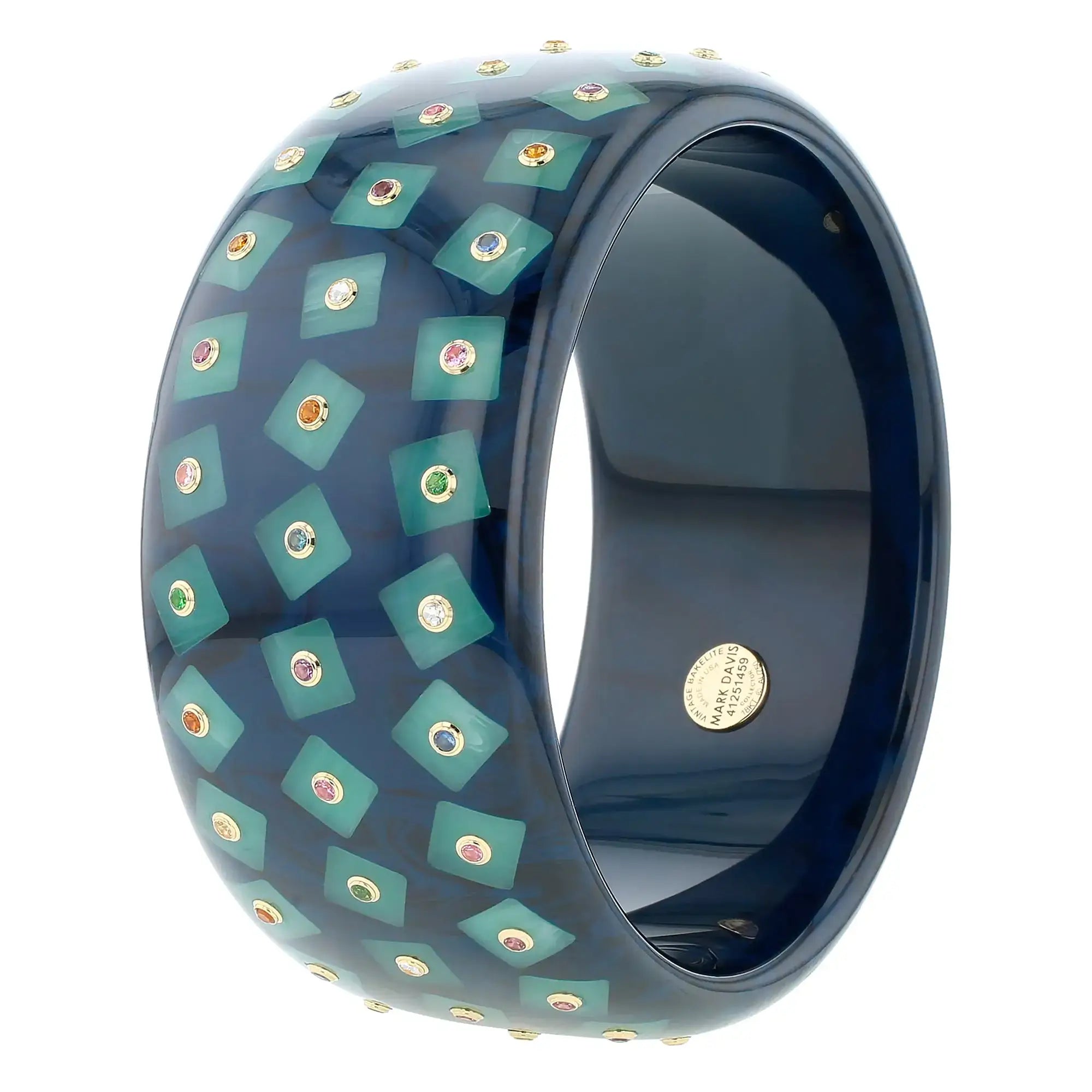 Lynn Bangle | Indigo bakelite with inlay and stones.