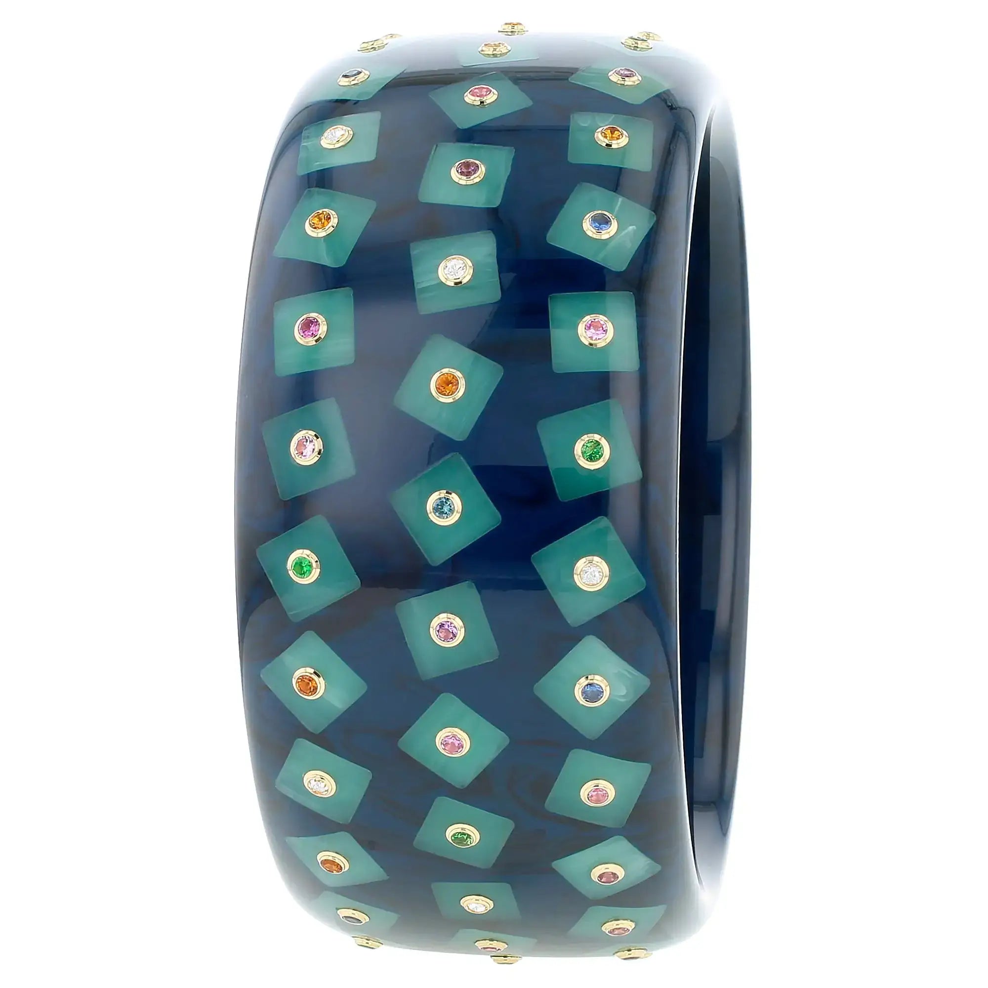 Lynn Bangle | Indigo bakelite with inlay and stones.