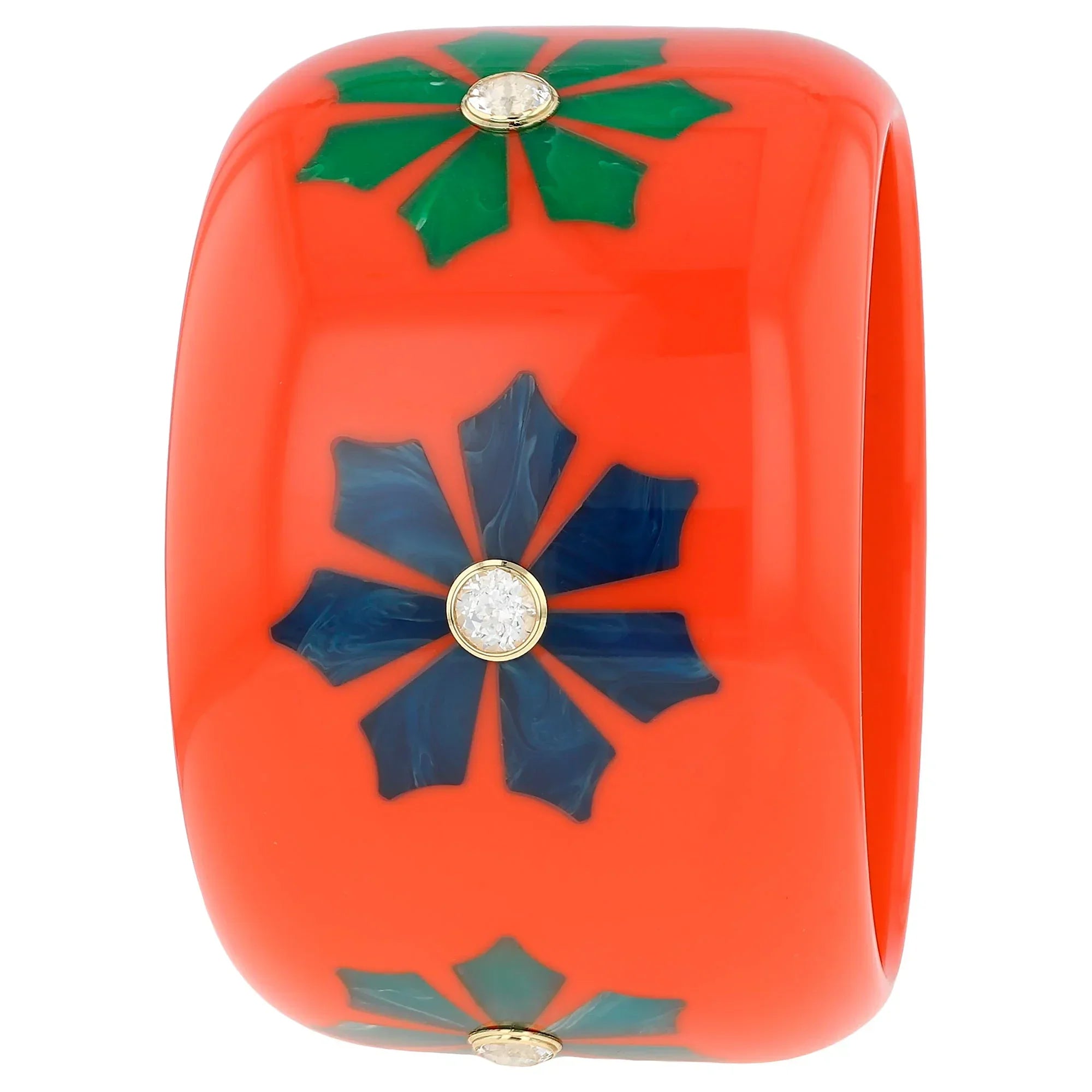 Lyra Bangle | Vibrant orange bakelite with inlay and stones.