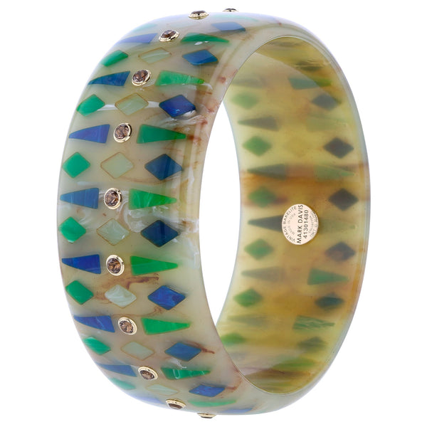 Macy Bangle | Bakelite bangle with inlay and stones, marbled sage green.