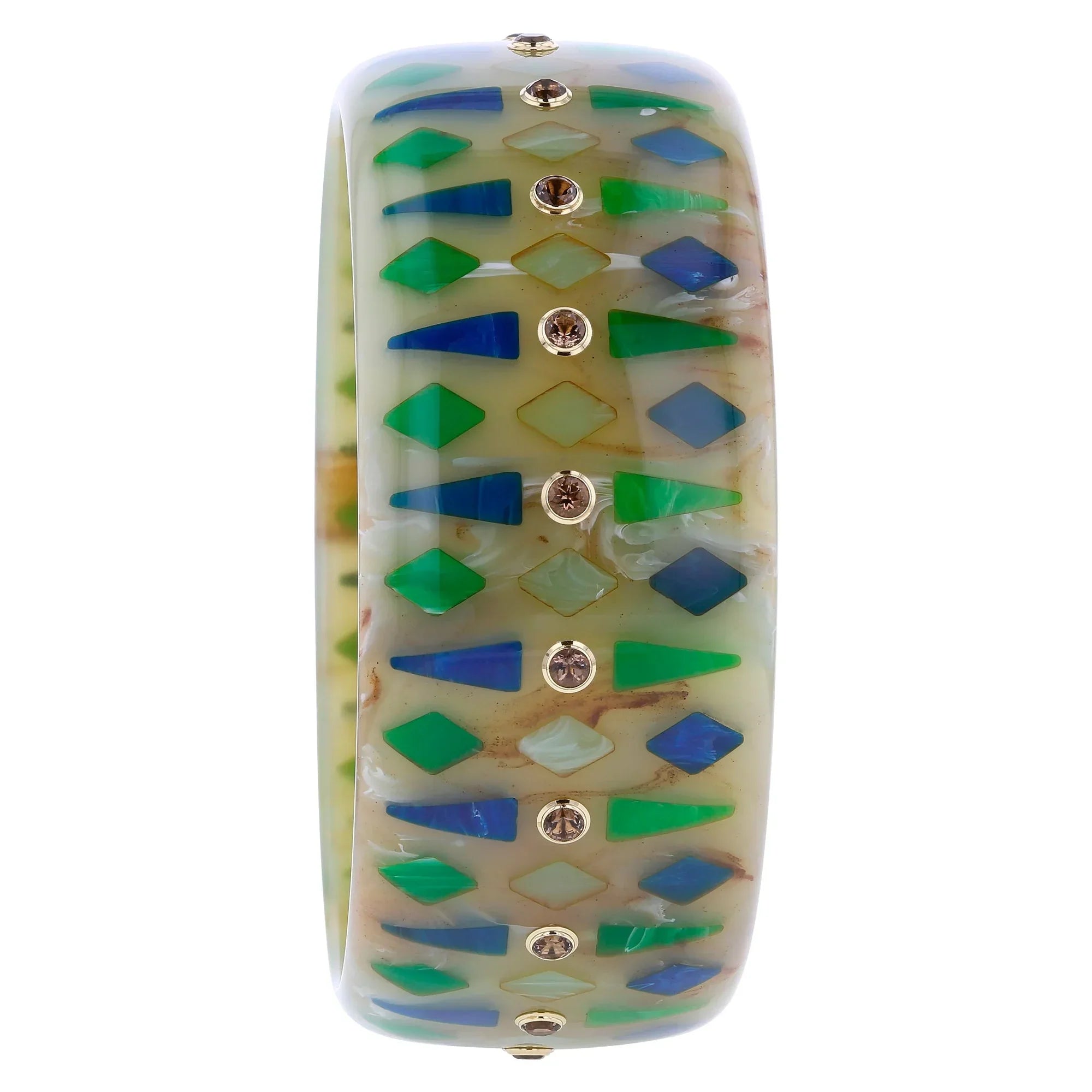 Macy Bangle | Marbled sage green bakelite with inlay and stones.