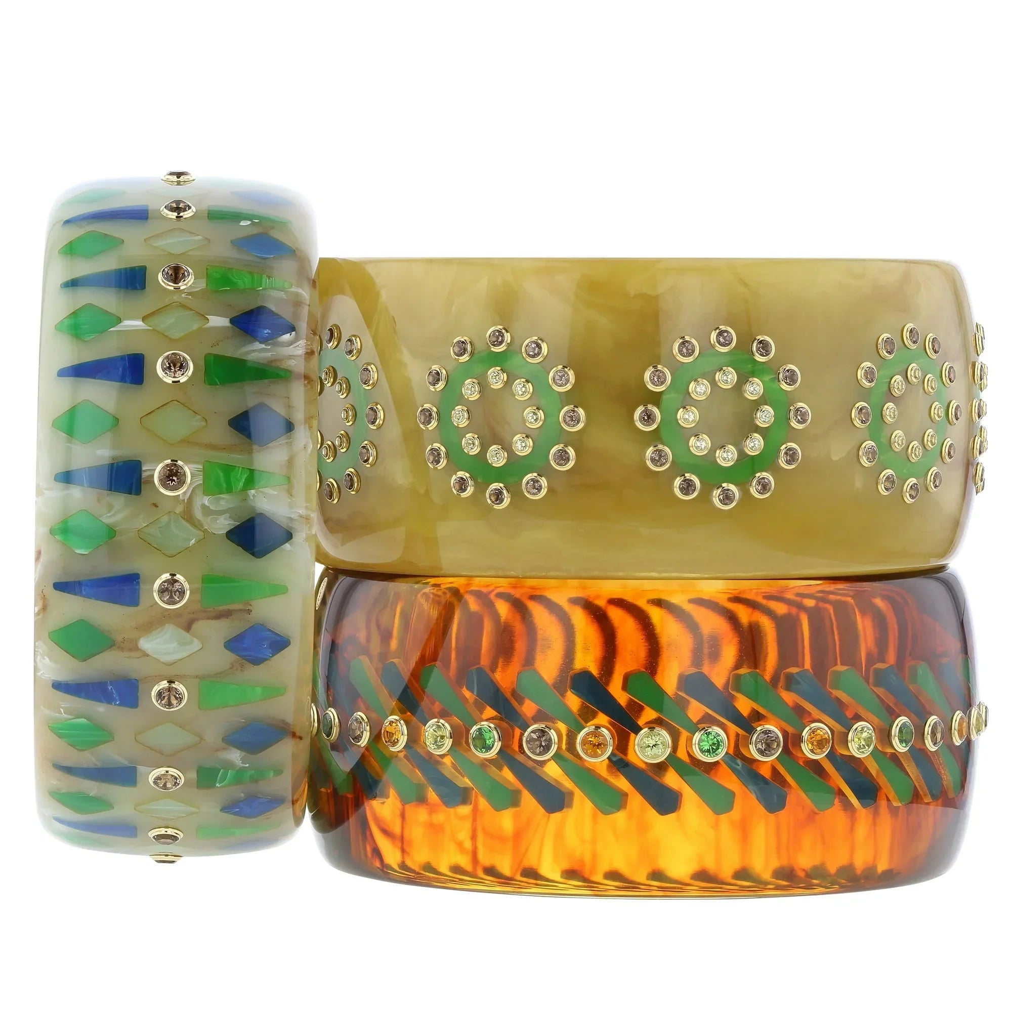 Macy Bangle | Marbled sage green bakelite with inlay and stones.