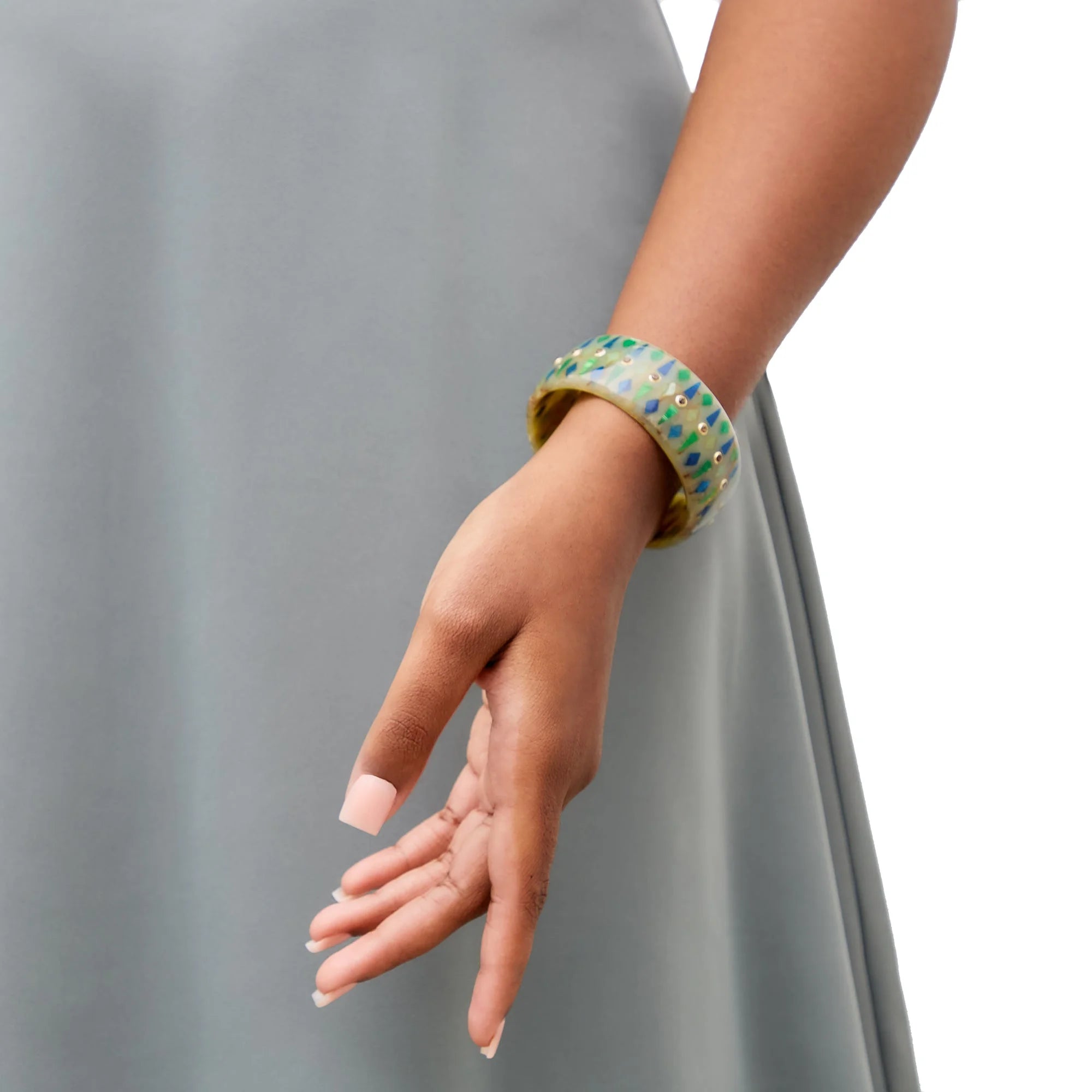 Macy Bangle | Marbled sage green bakelite with inlay and stones.