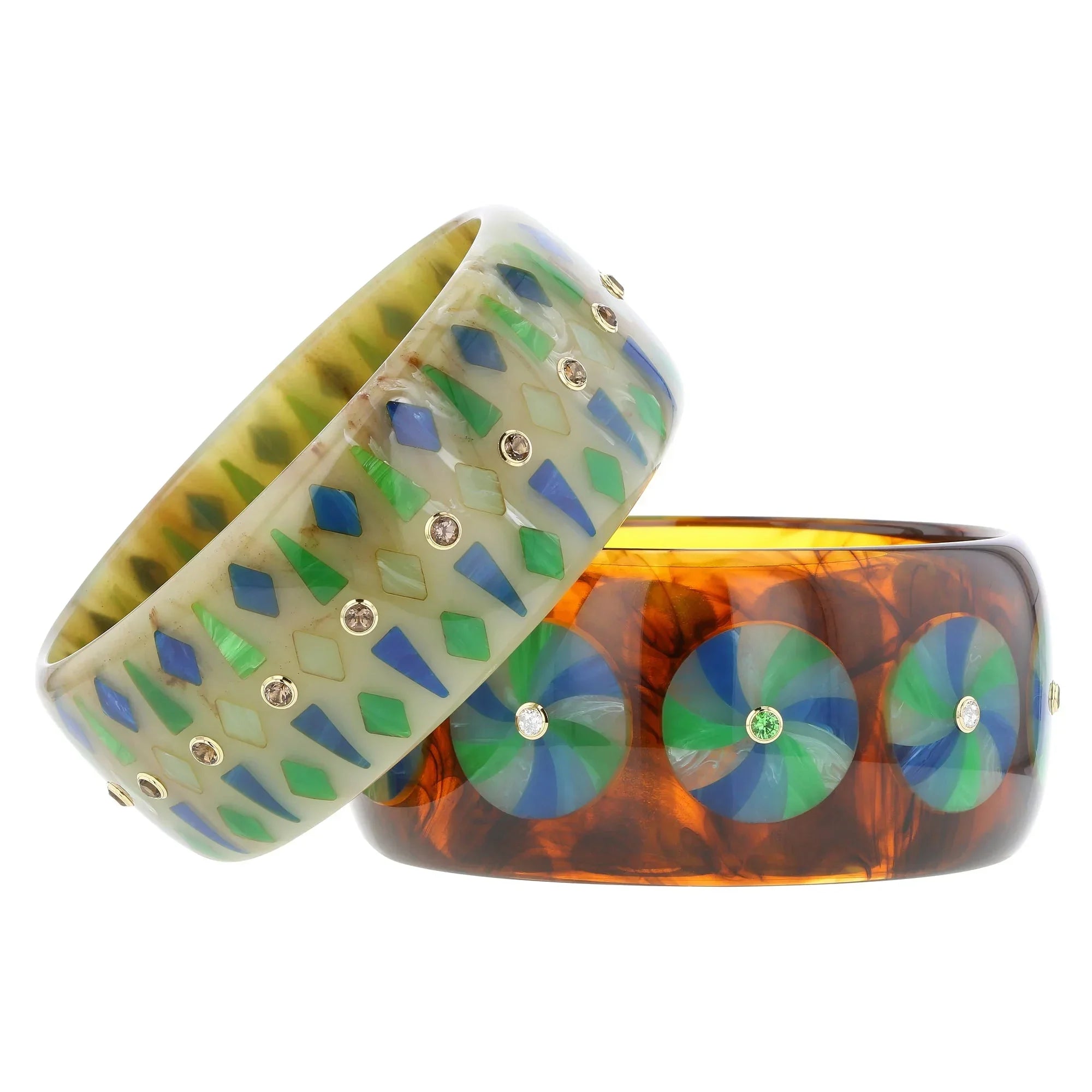 Macy Bangle | Marbled sage green bakelite with inlay and stones.