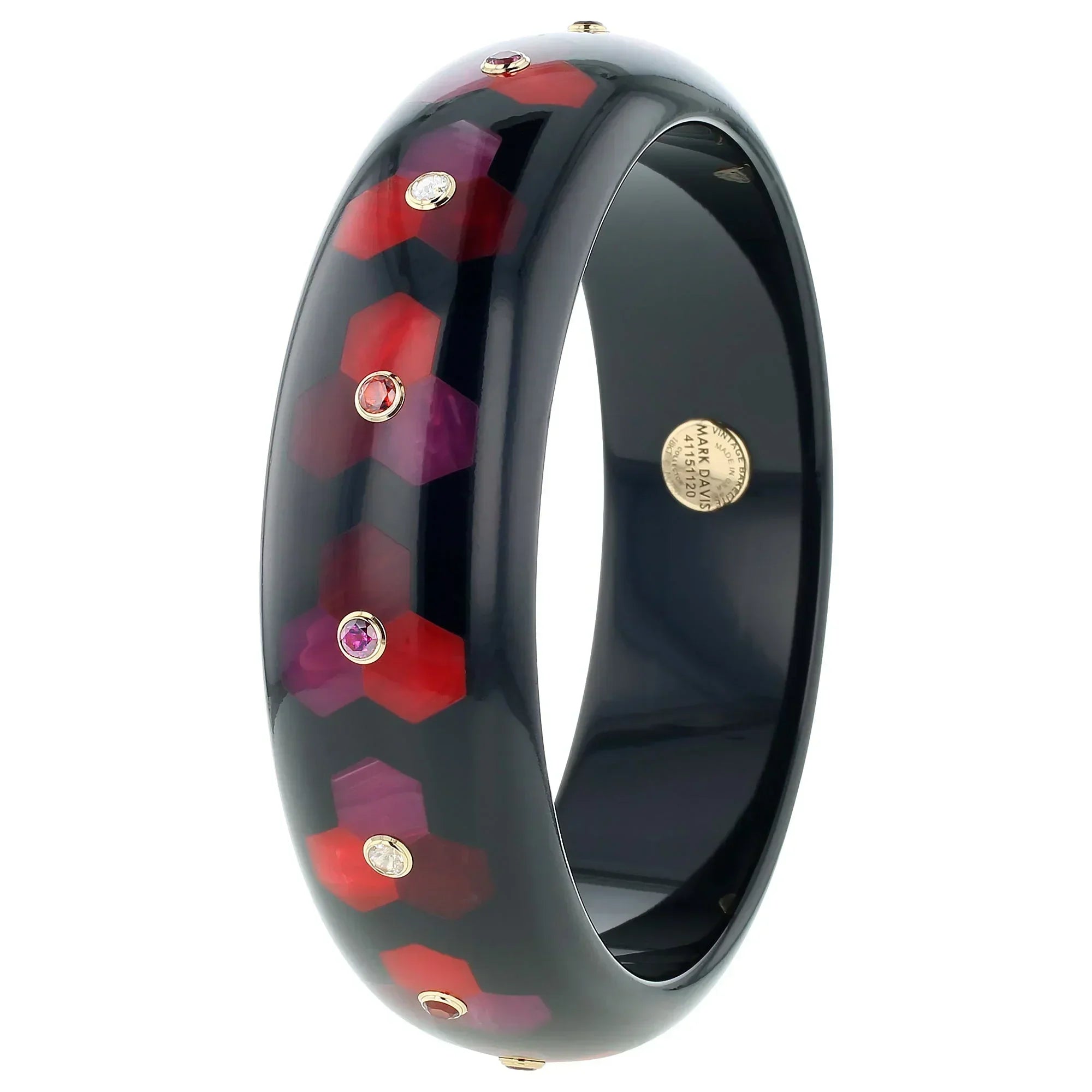 Margaret Bangle | Solid black bakelite with inlay and stones. 