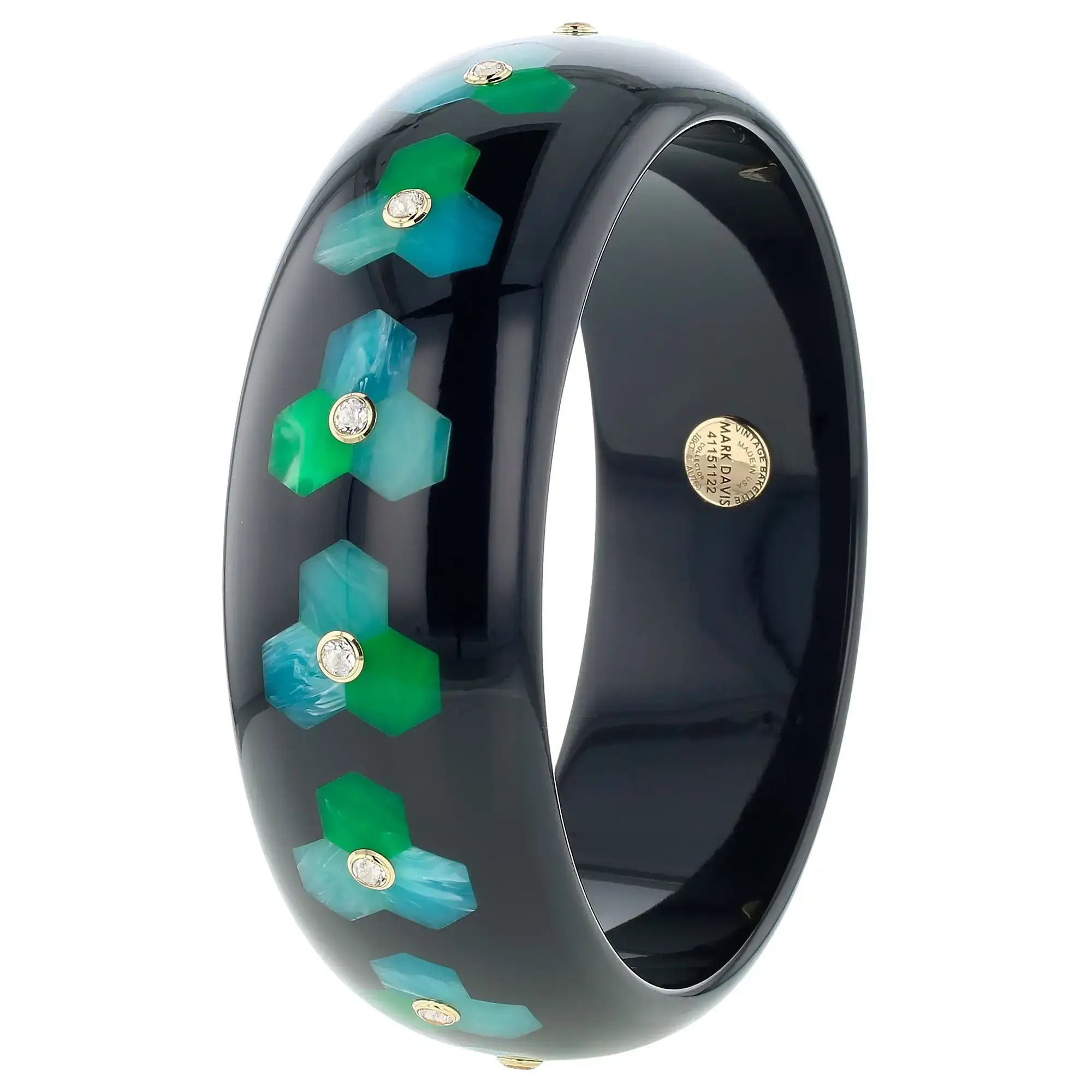 Margaret Bangle | Stunning black bakelite with inlay and stones.