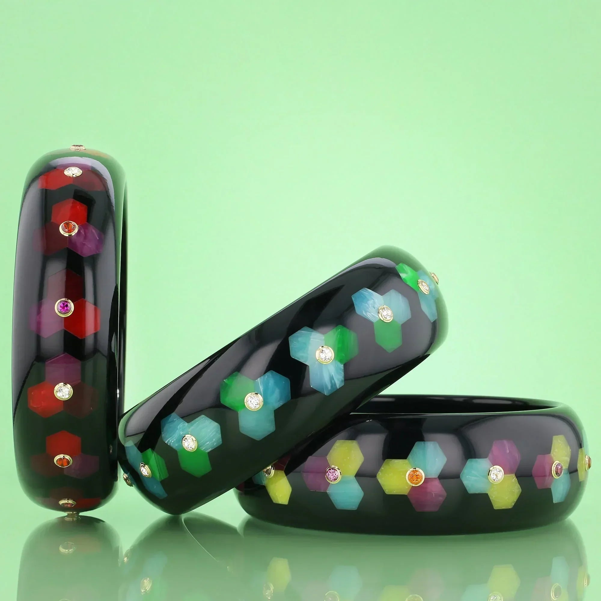 Margaret Bangle | Solid black bakelite with inlay and stones. 