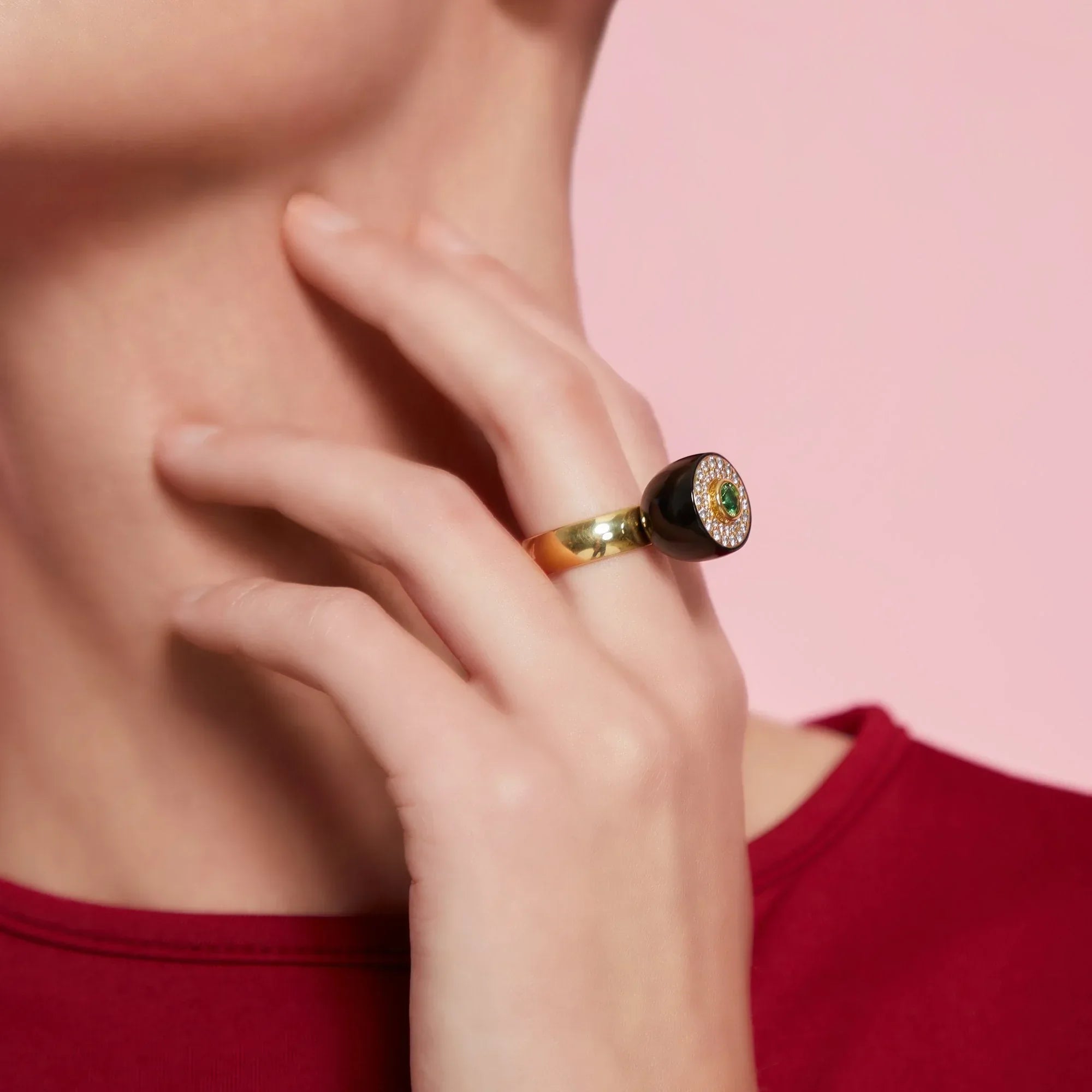 Monika Ring | Sculptural bakelite ring with stones and a gold band.