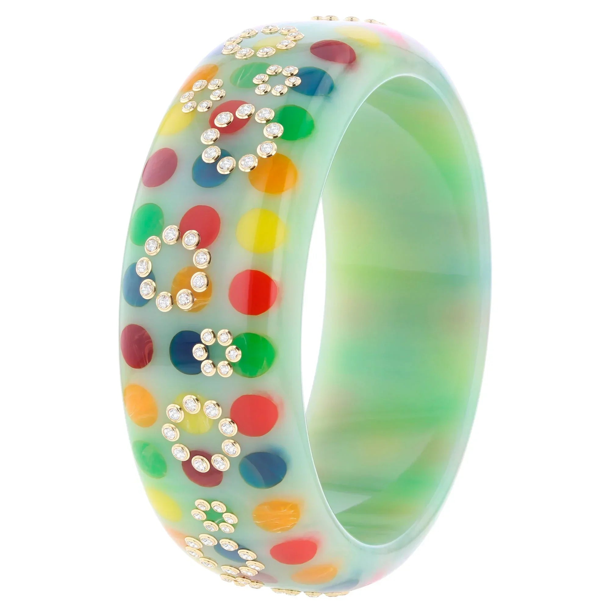Myra Bangle | Pastel green bakelite with inlay and stones.