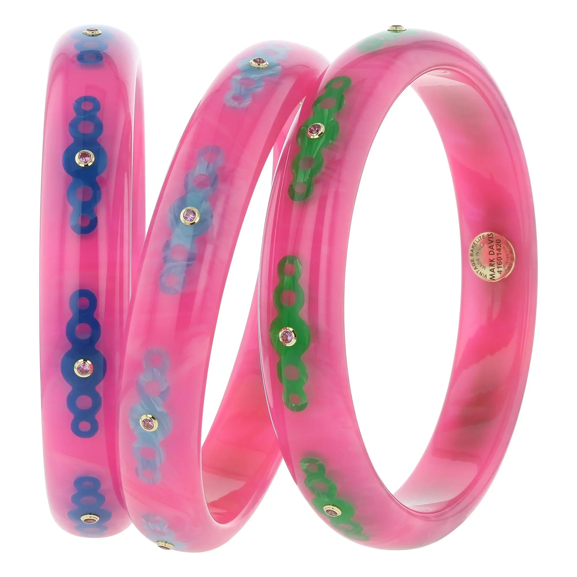 Norma Bangle | Vibrant pink bakelite With Inlay And Stones.