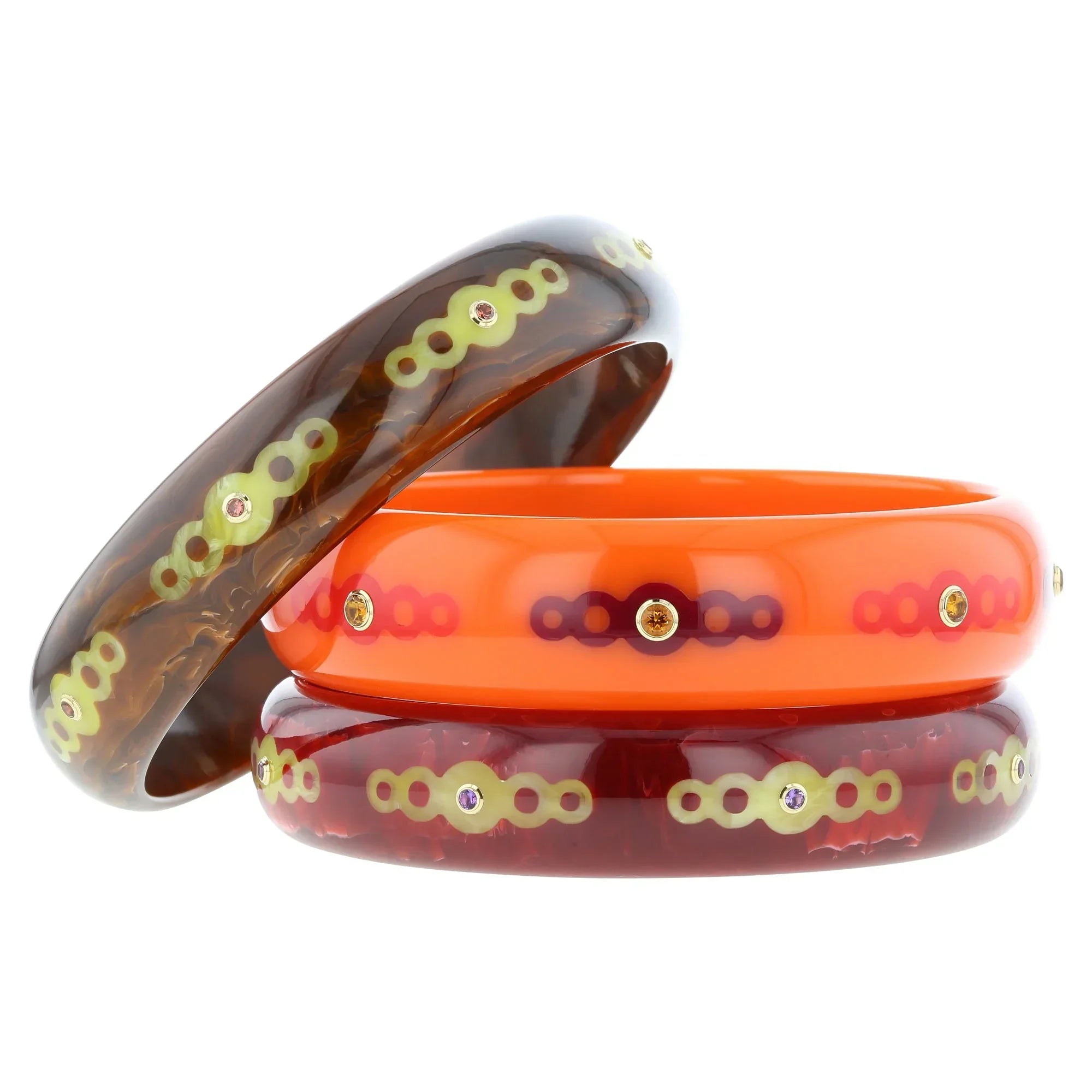 Norma Bangle | Orange Bakelite With Inlay And Stones.