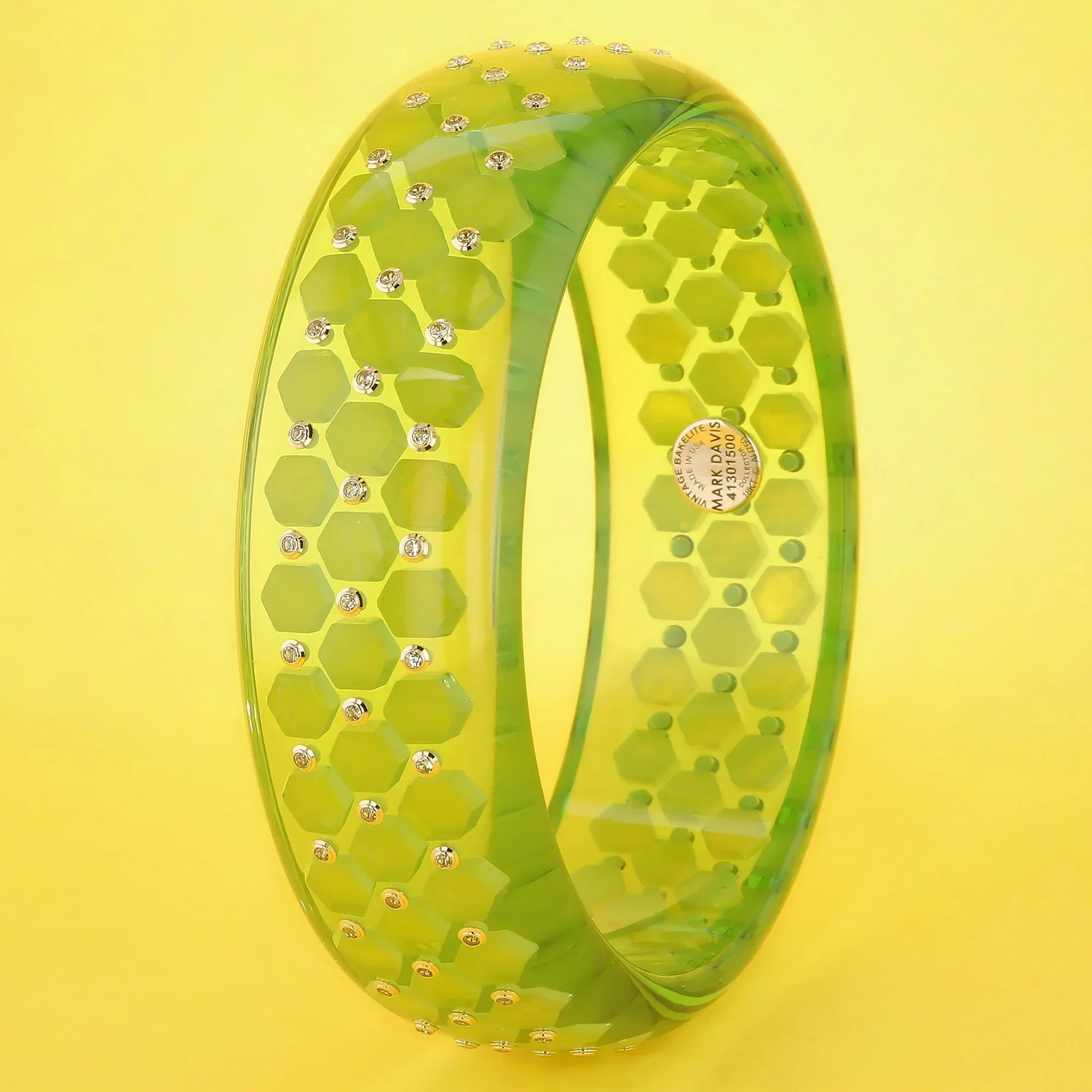 Nova Bangle | Green prystal bakelite with inlay and stones.