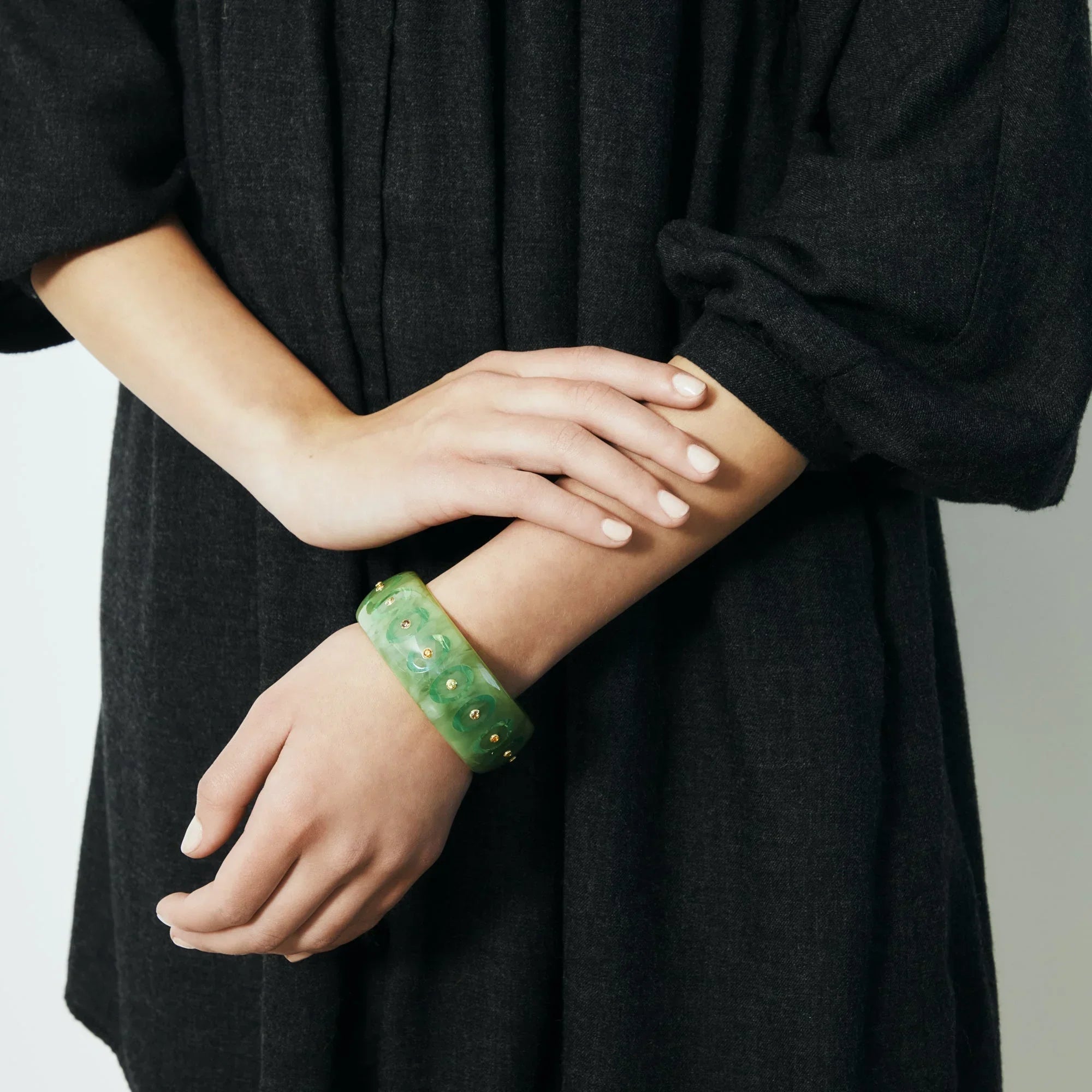 Olive Bangle | Moss green bakelite bangle with inlay and stones.