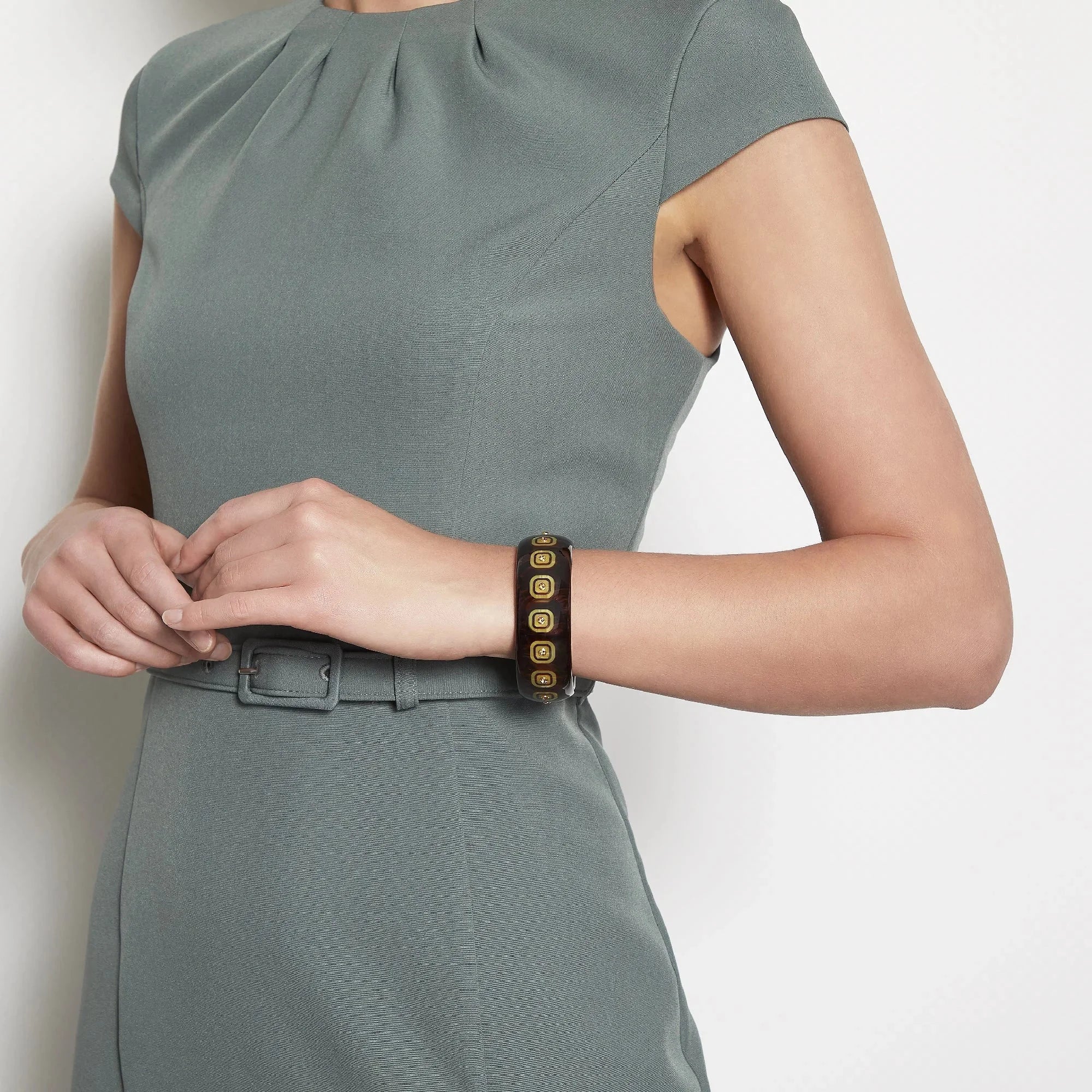 Olivia Bangle | Chocolate brown bakelite bangle with inlay and stones.