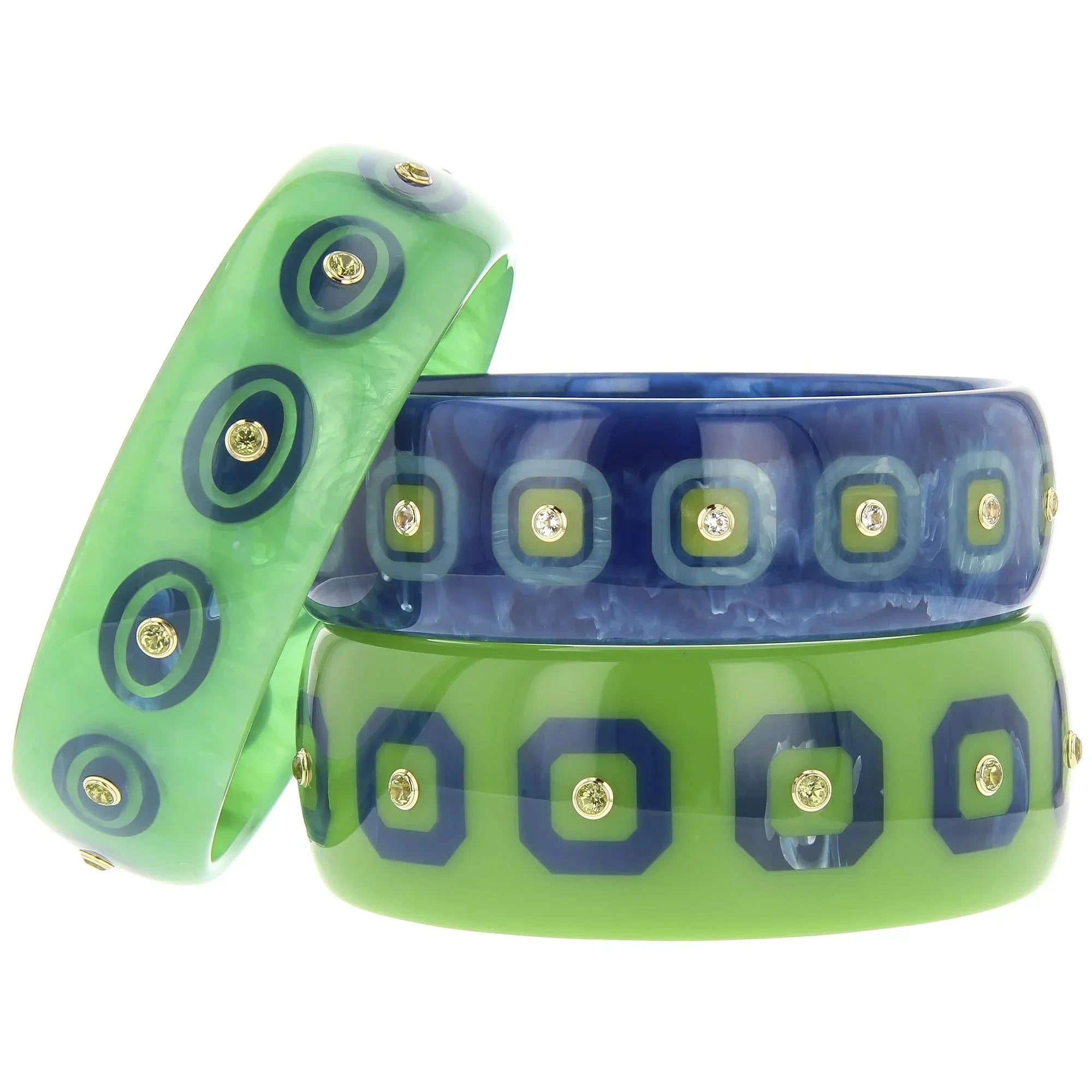 Omari Bangle | Soft green bakelite bangle with inlay and stones.