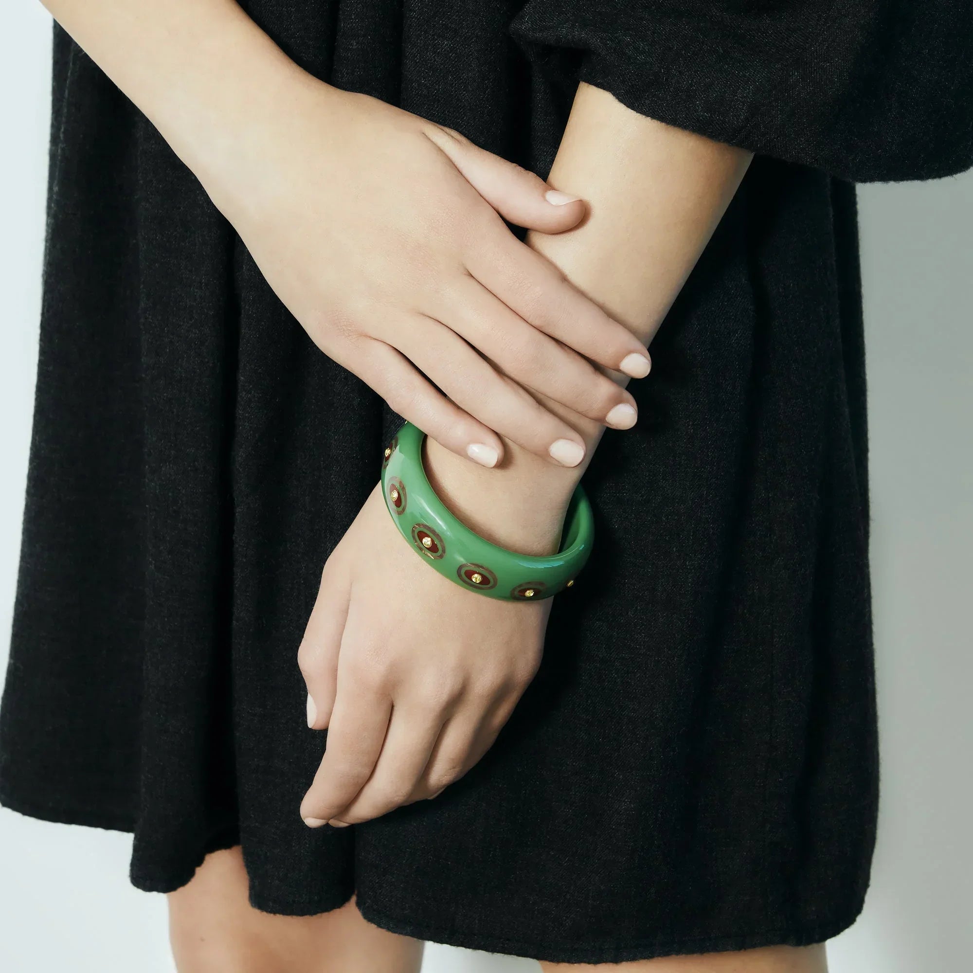 Omari Bangle | Jade green bakelite bangle with inlay and stones.