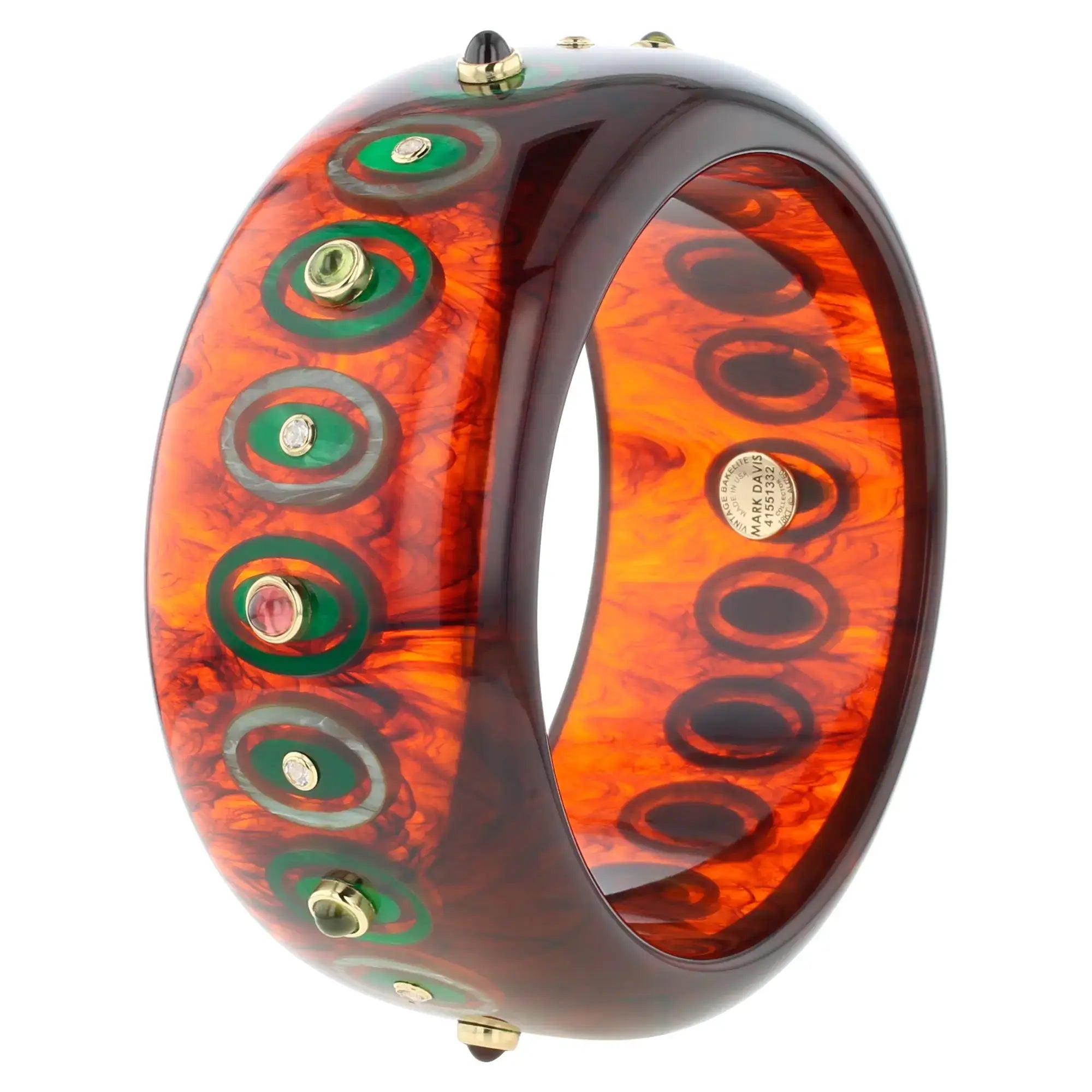 Ophelia Bangle | Marbled tortoise bakelite with inlay and stones.