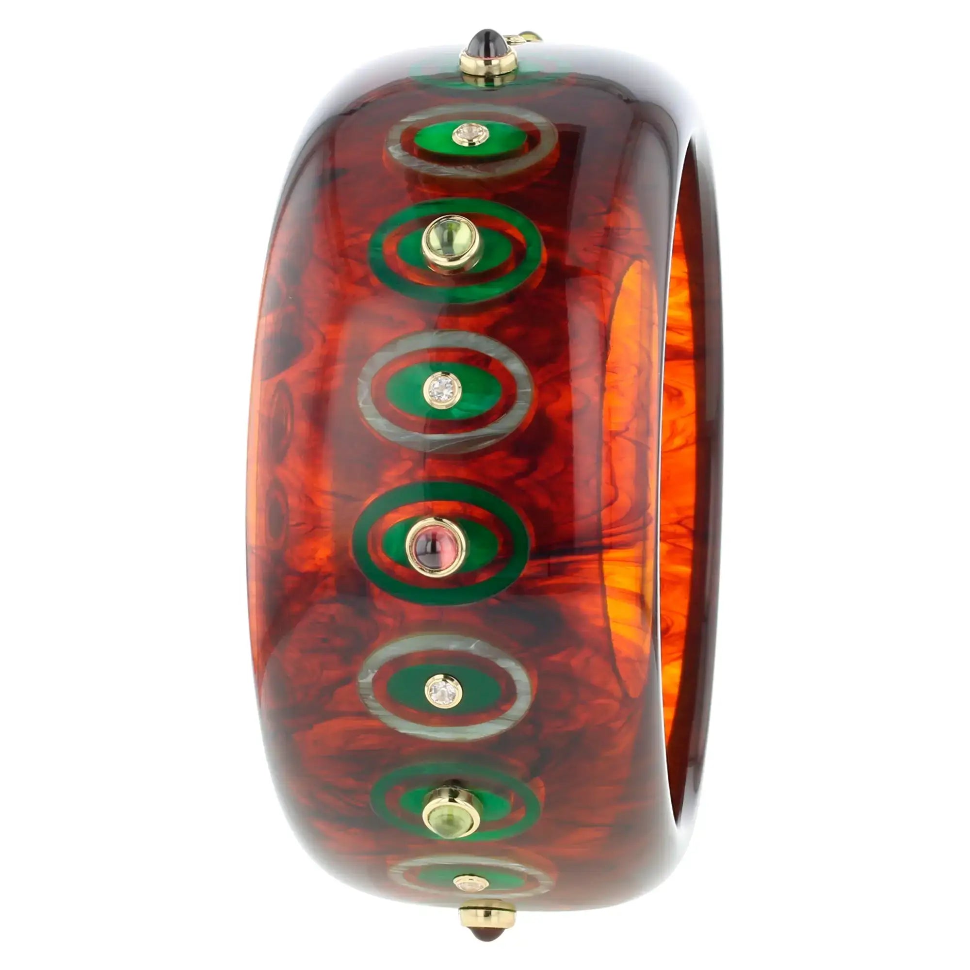 Ophelia Bangle | Marbled tortoise bakelite with inlay and stones.