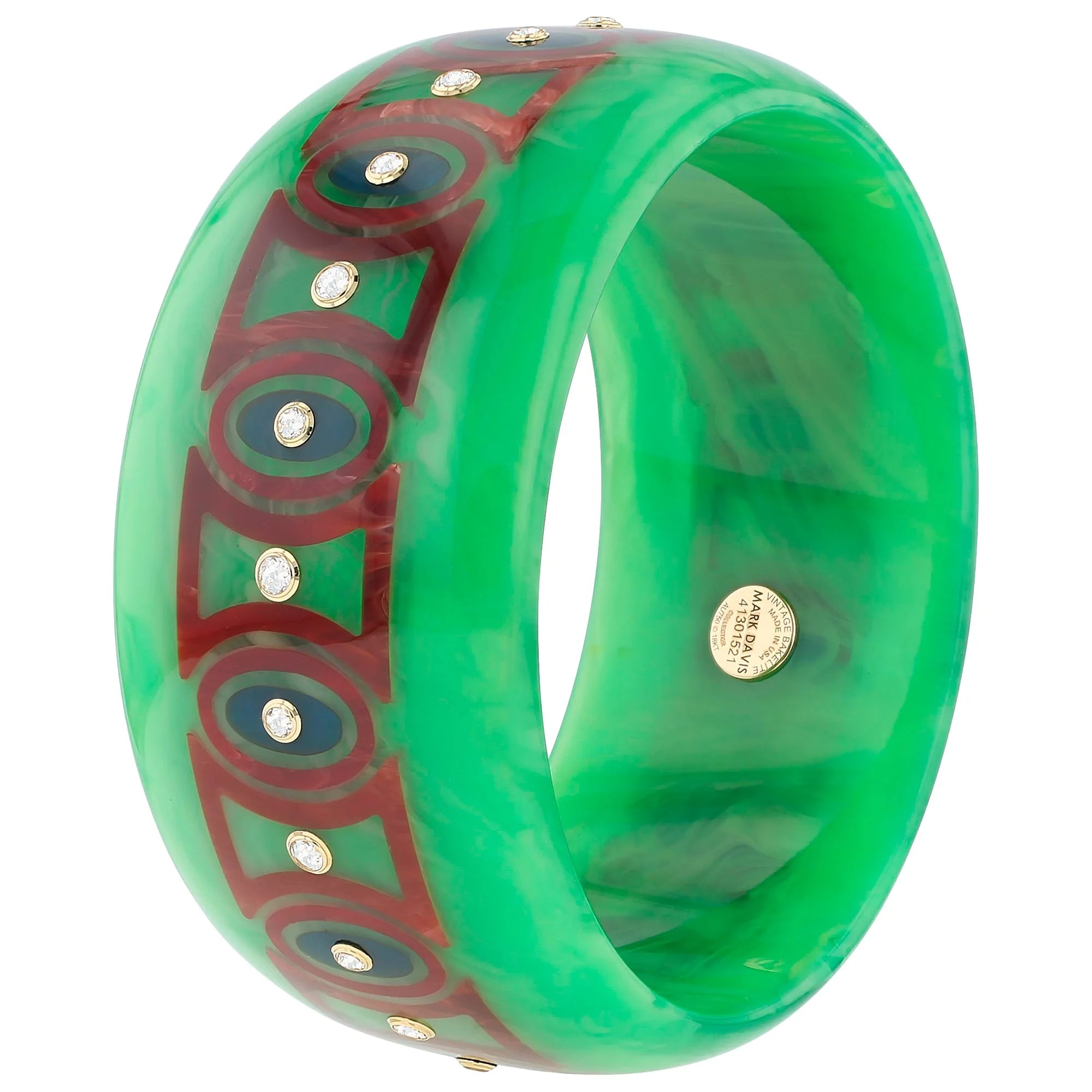 Ophelia Kara Bangle | Vibrant green bakelite with inlay and stones. 