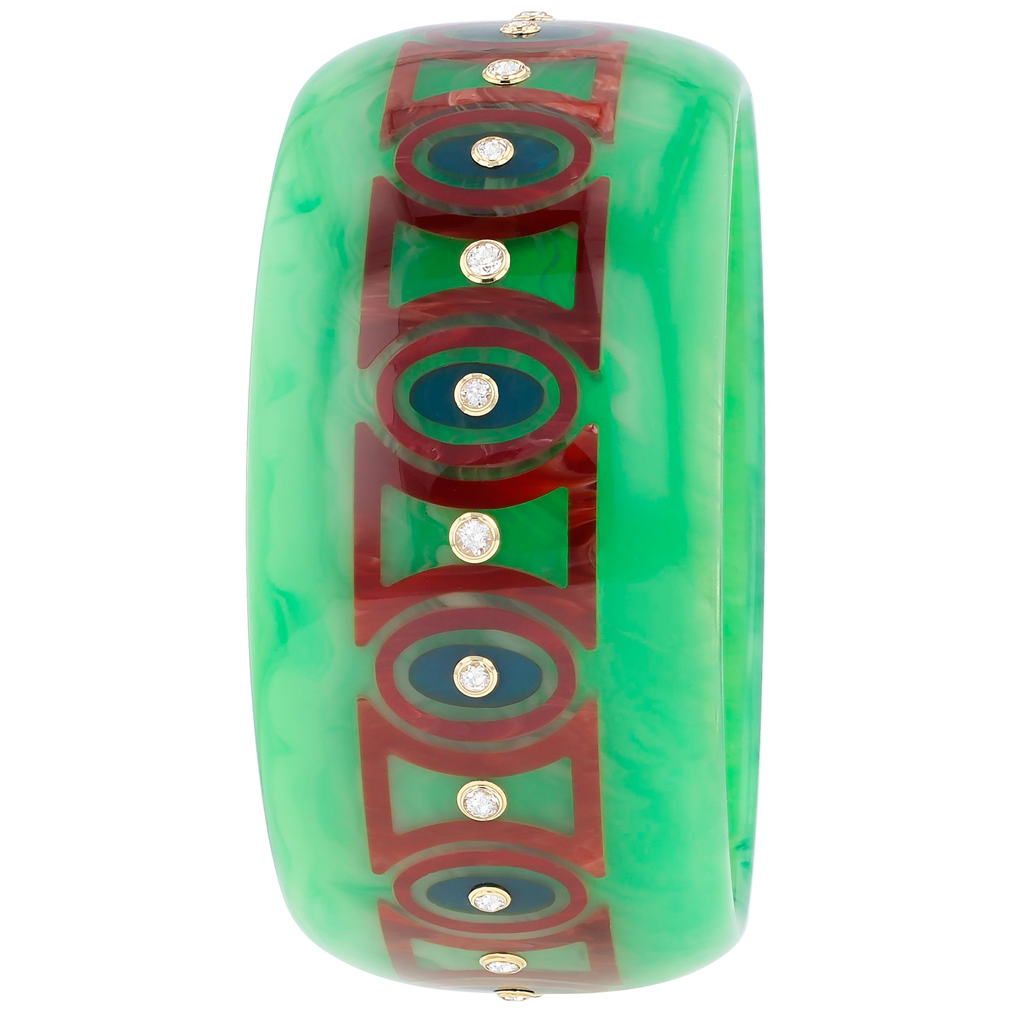 Ophelia Kara Bangle | Vibrant green bakelite with inlay and stones. 