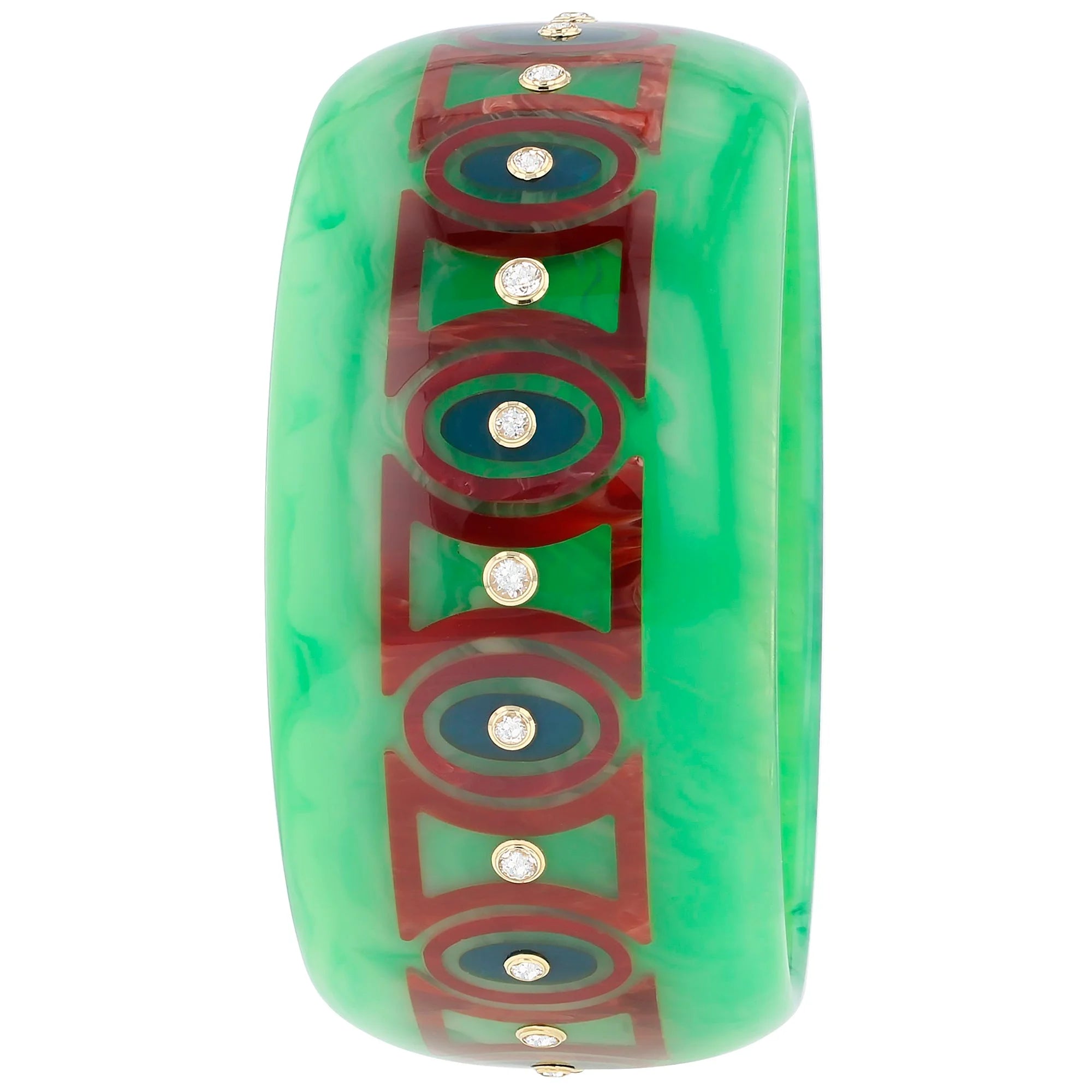 Ophelia Kara Bangle | Vibrant green bakelite with inlay and stones. 