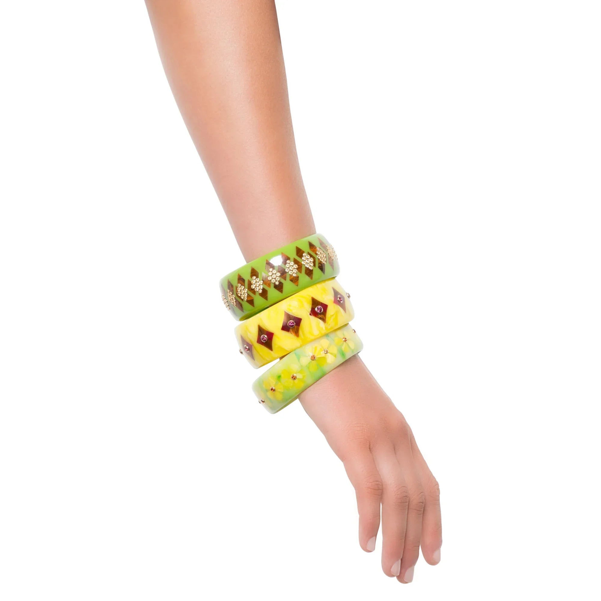 Penelope Faith Bangle | Bakelite bangle with an inlaid harlequin pattern and stones.