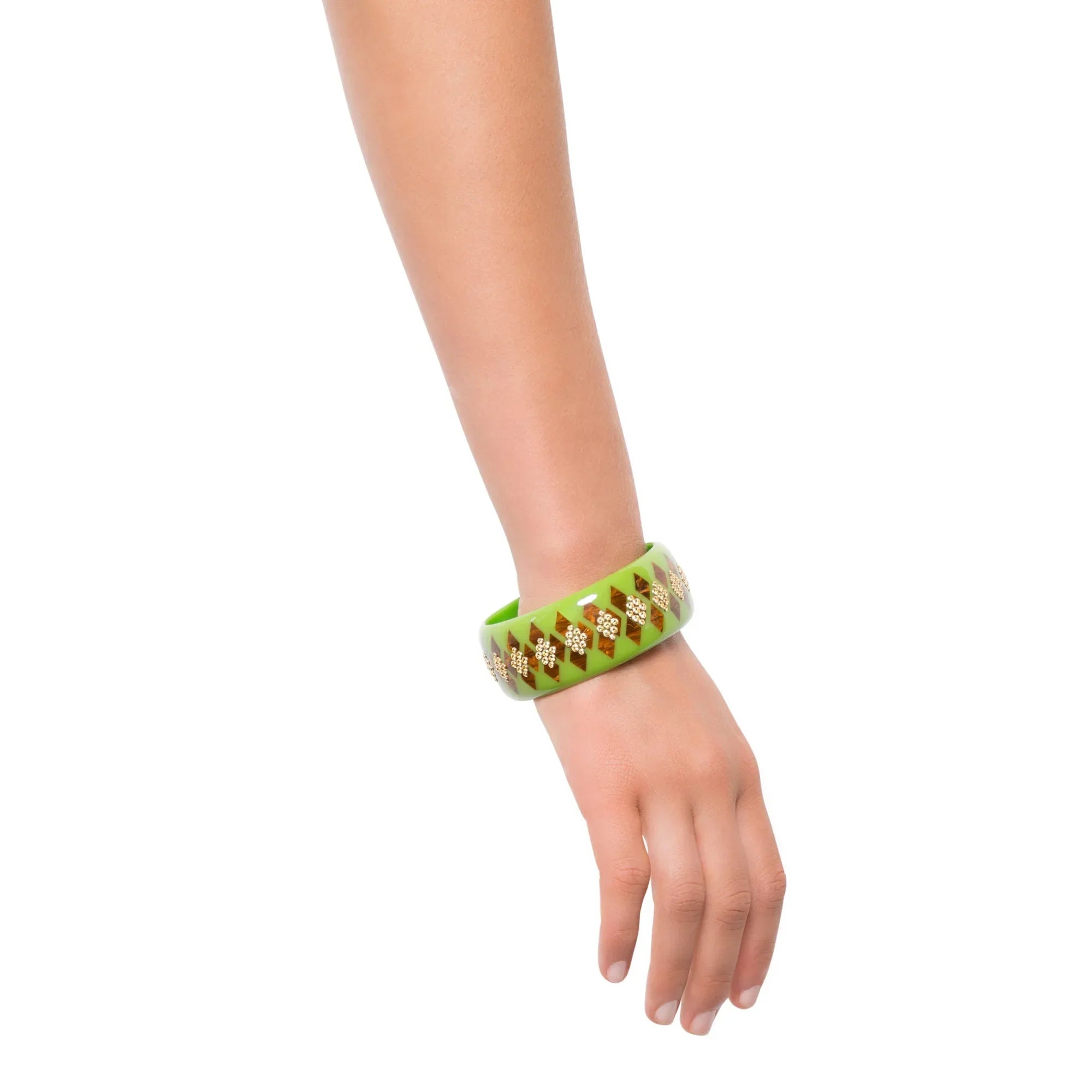 Penelope Faith Bangle | Bakelite bangle with an inlaid harlequin pattern and stones.