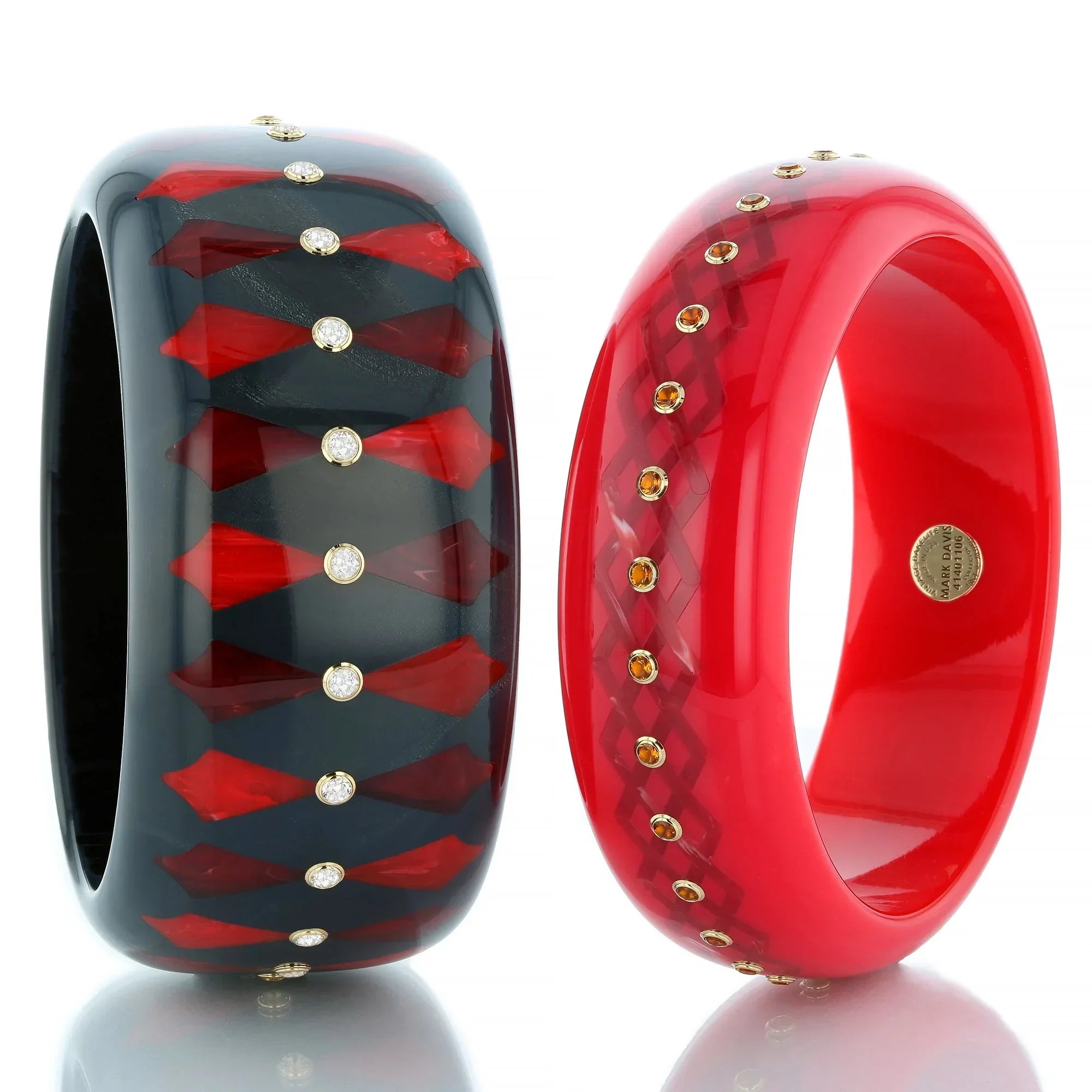 Presley Bangle | Bakelite with overlapping diamond pattern inlay and stones.