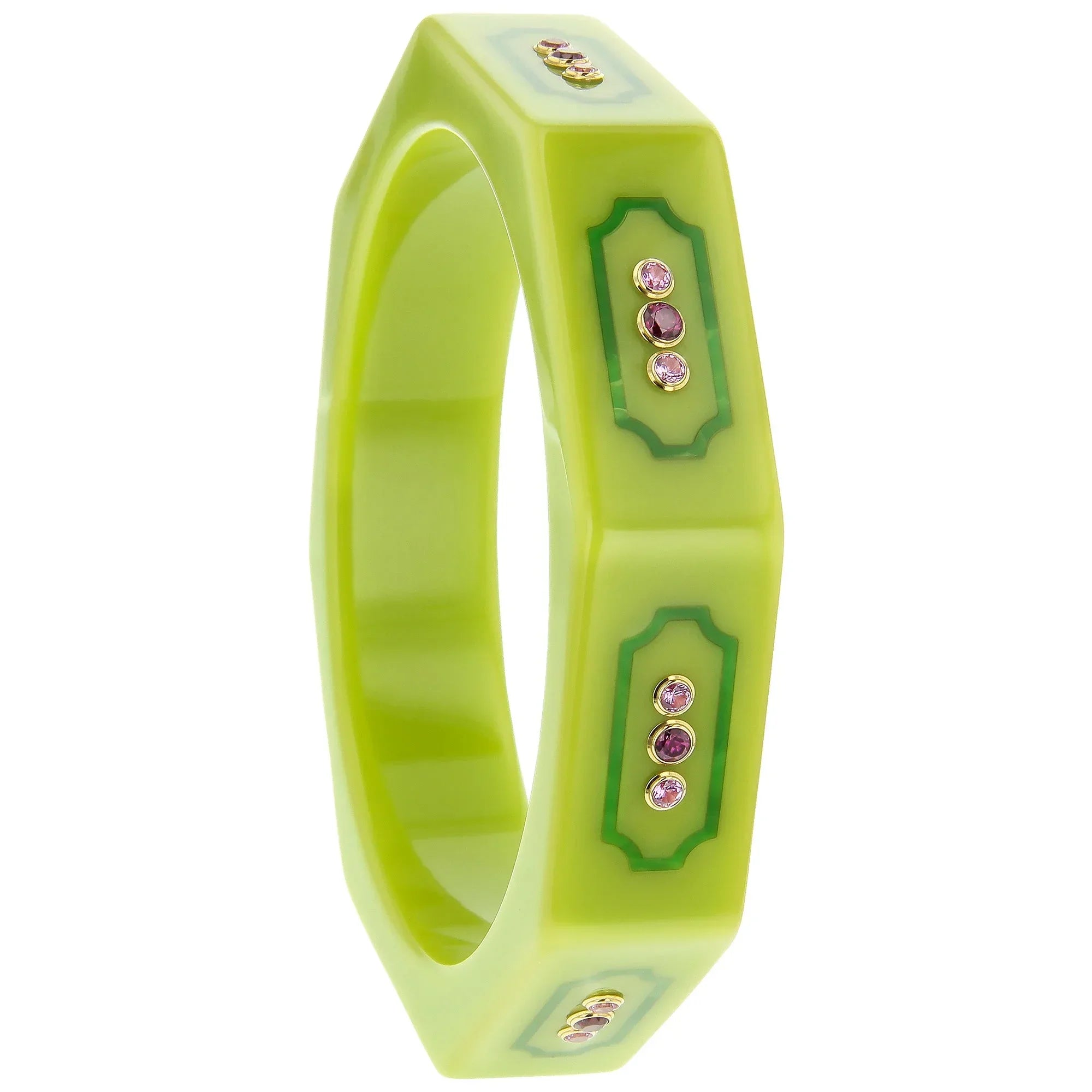 Rowan Bangle | Bakelite bangle 
with inlaid frames, framing the stones.