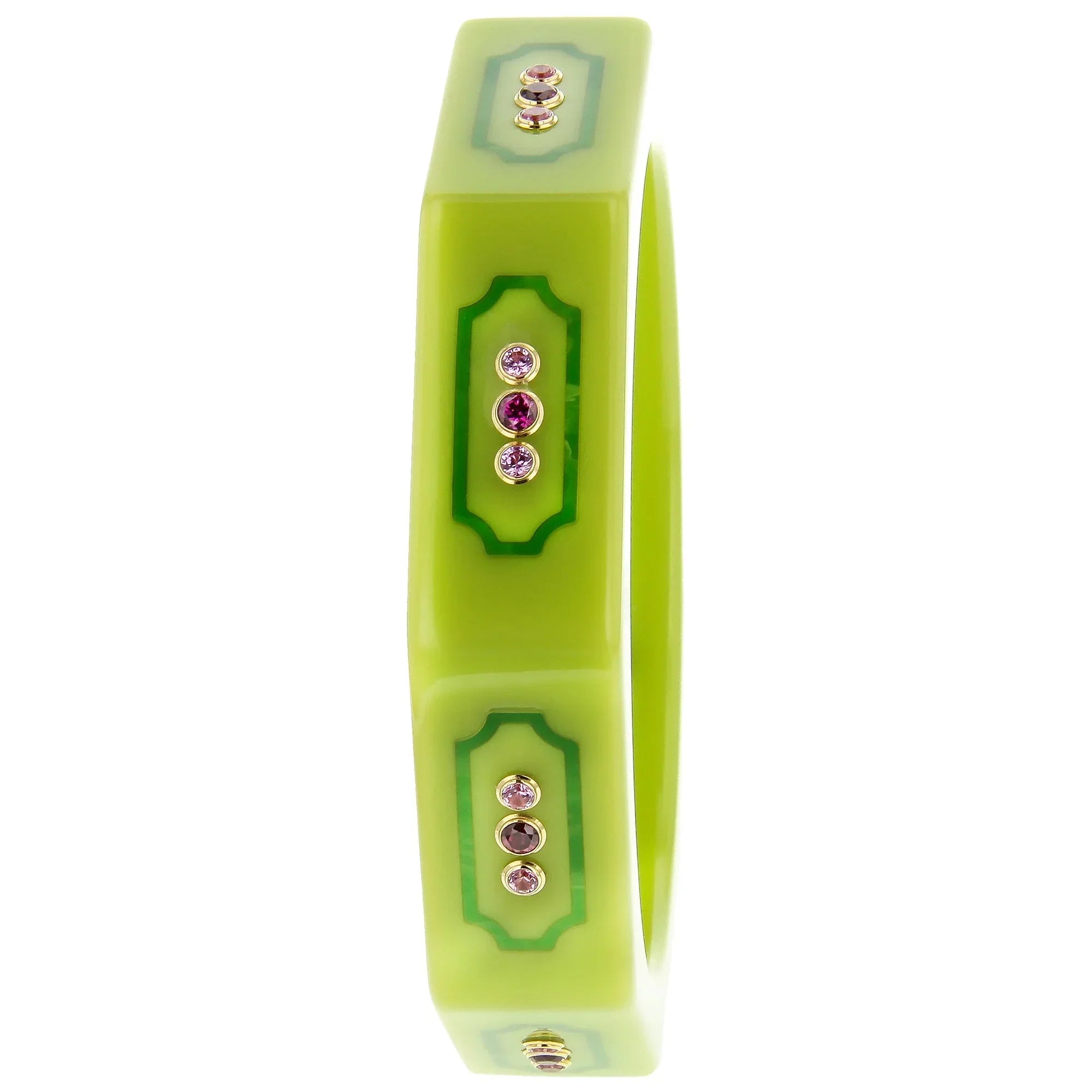 Rowan Bangle | Bakelite bangle 
with inlaid frames, framing the stones.