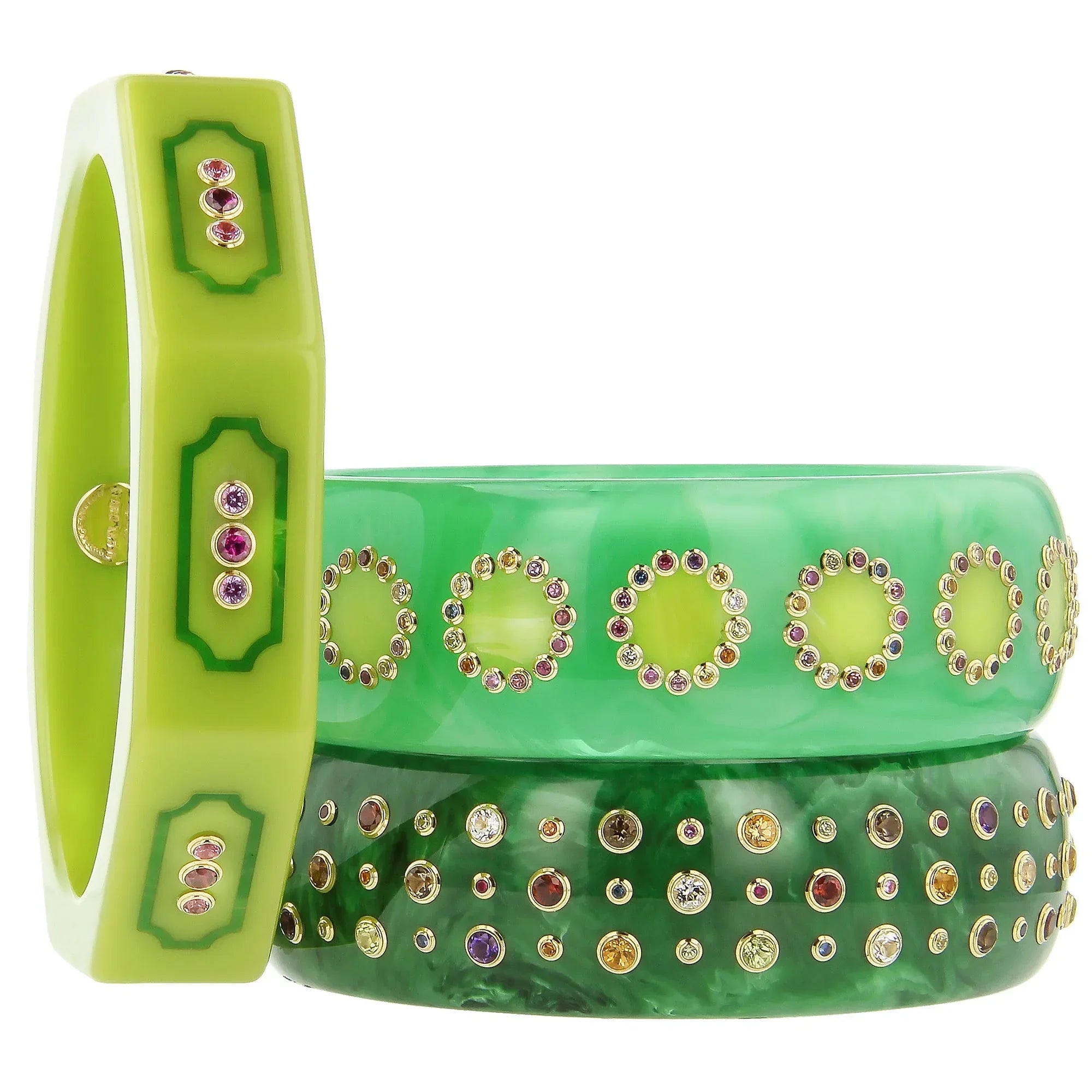 Rowan Bangle | Bakelite bangle 
with inlaid frames, framing the stones.