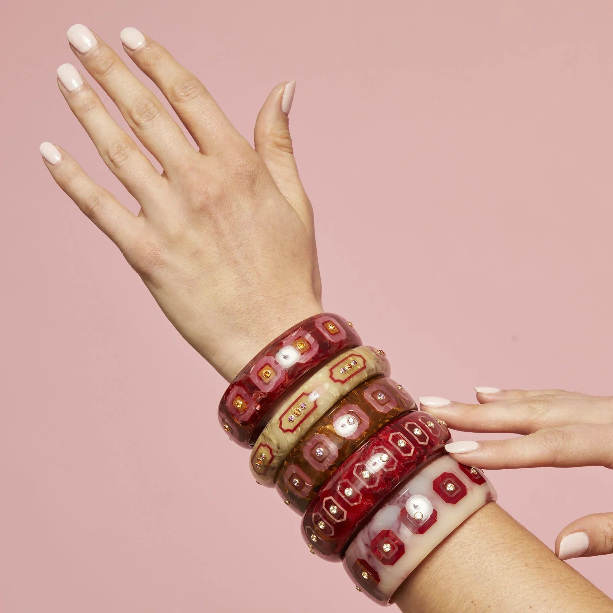 Rowan Bangle | Marbled beige bakelite with inlay and stones.