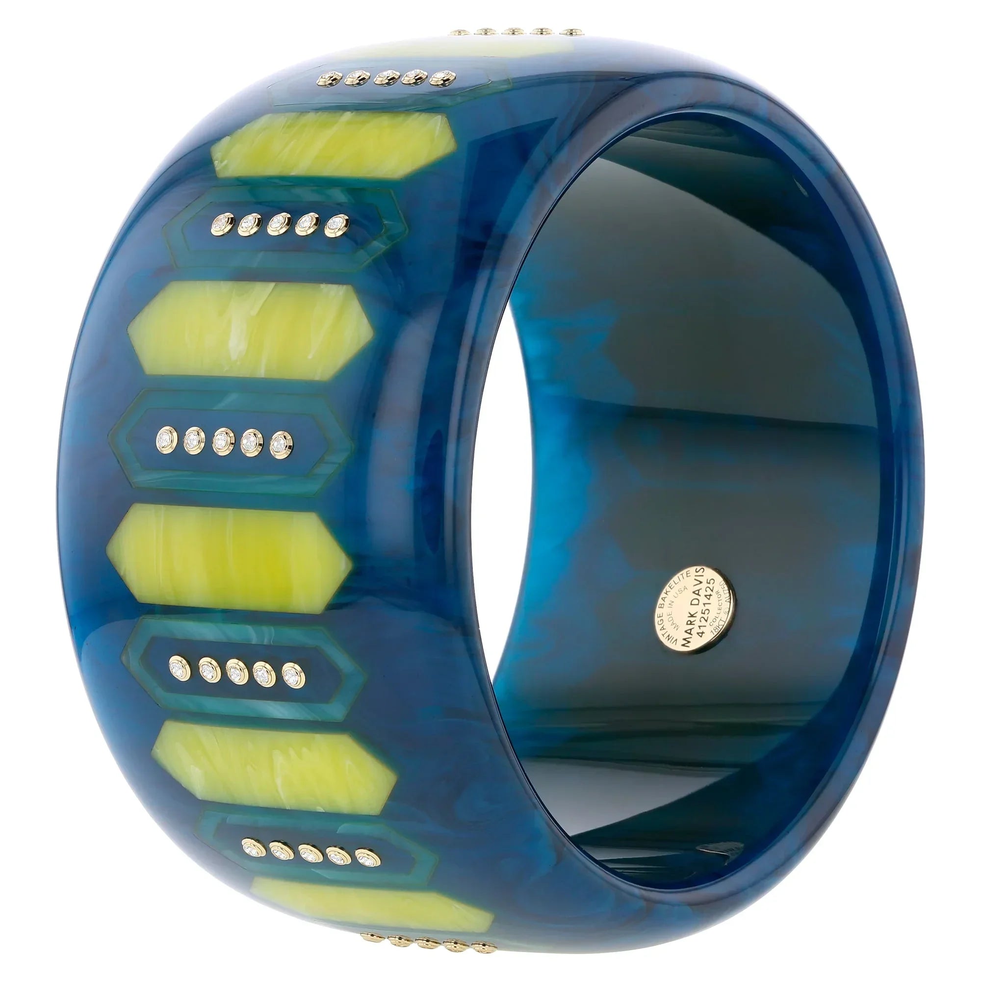 Sabrina Bangle | Bakelite with elongated hexagon inlay and stones.