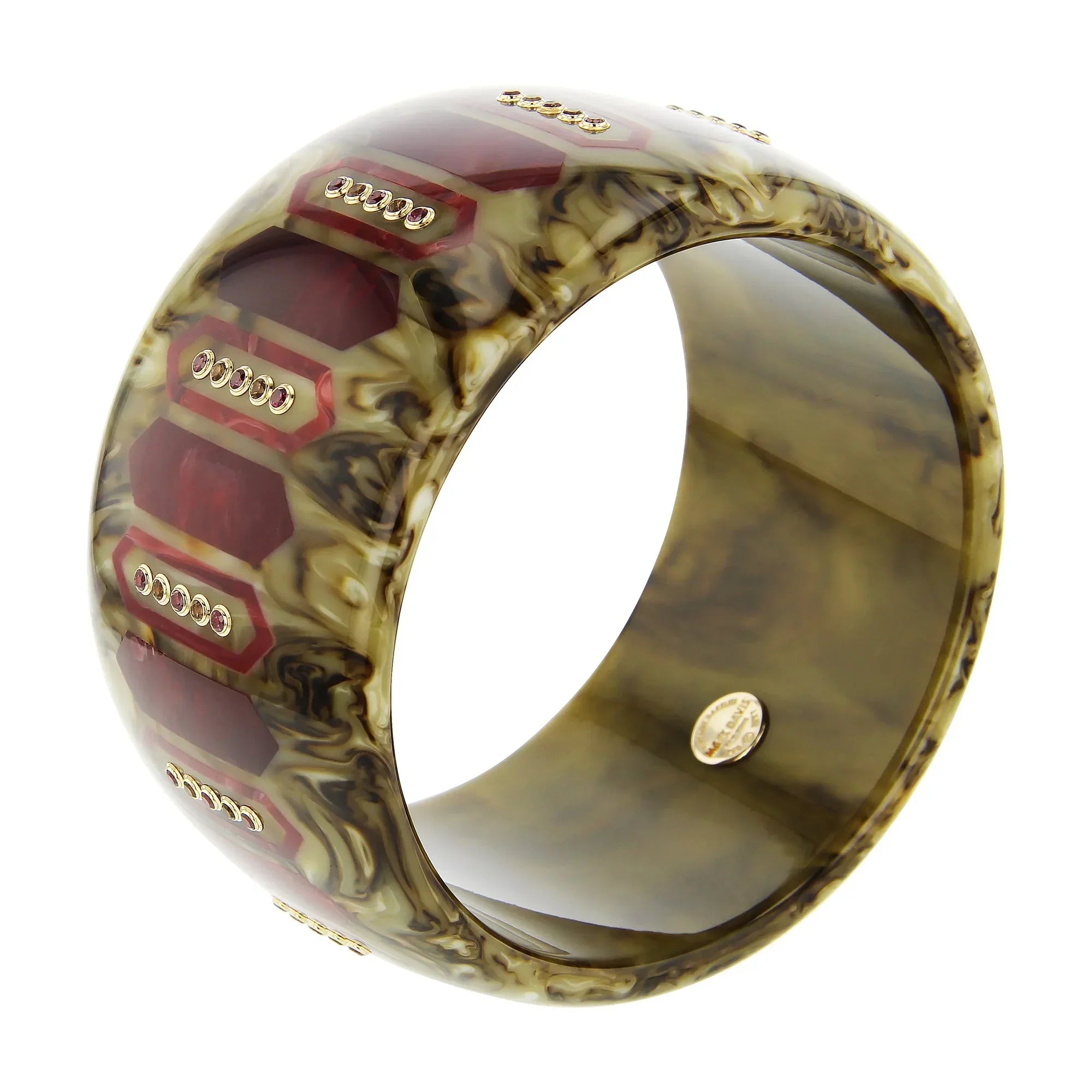 Sabrina Bangle | Marbled brown bakelite with inlay and stones.