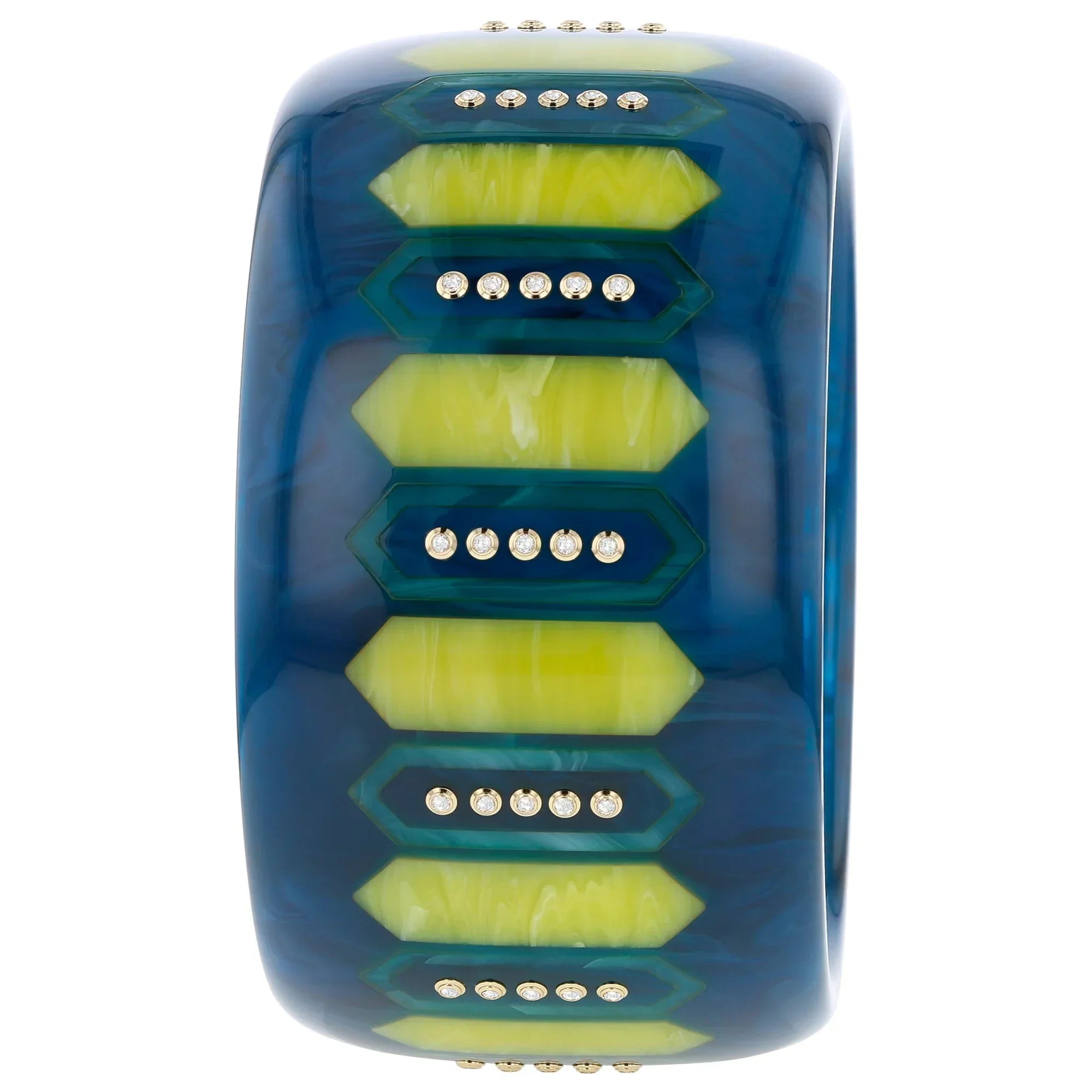 Sabrina Bangle | Bakelite with elongated hexagon inlay and stones.