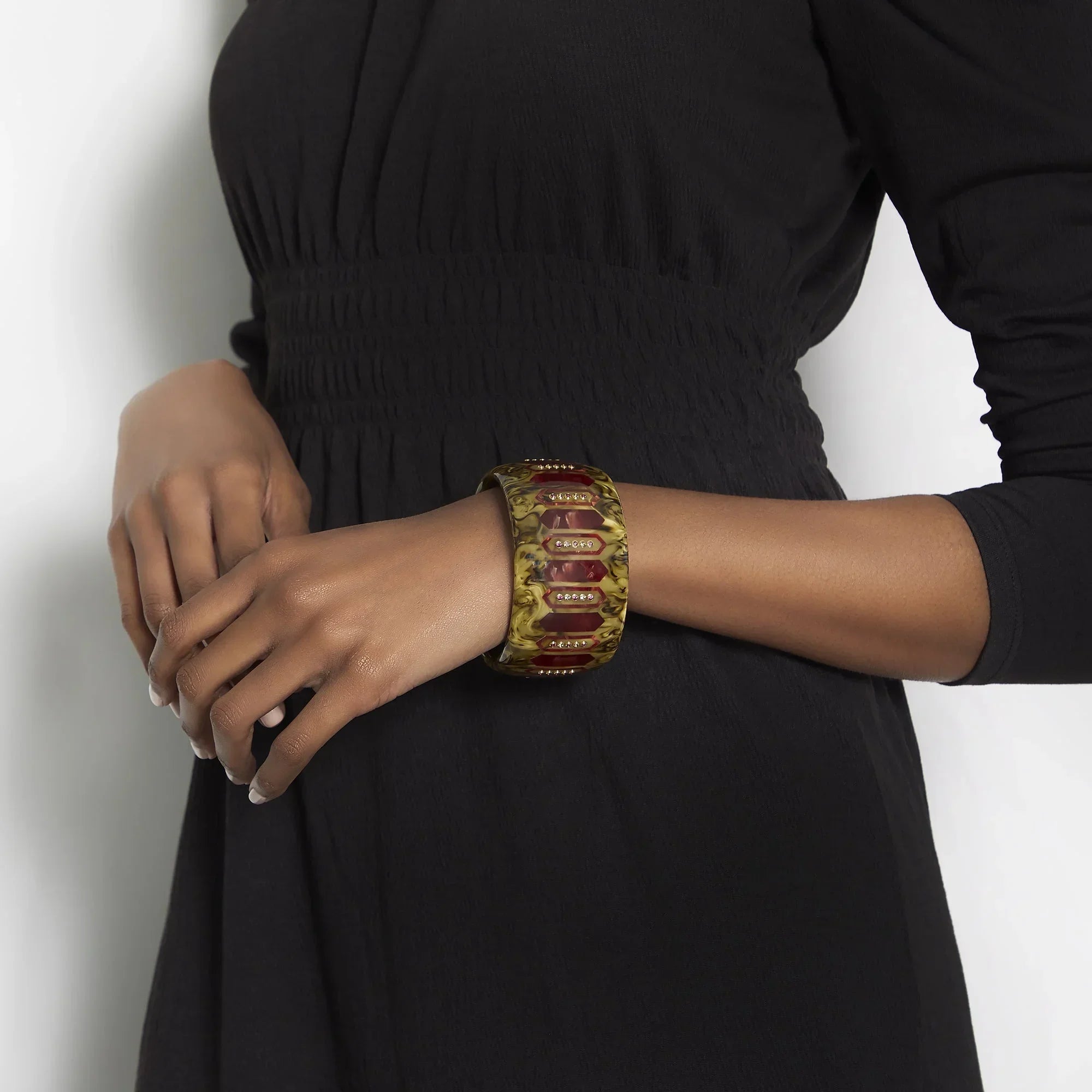 Sabrina Bangle | Marbled brown bakelite with inlay and stones.