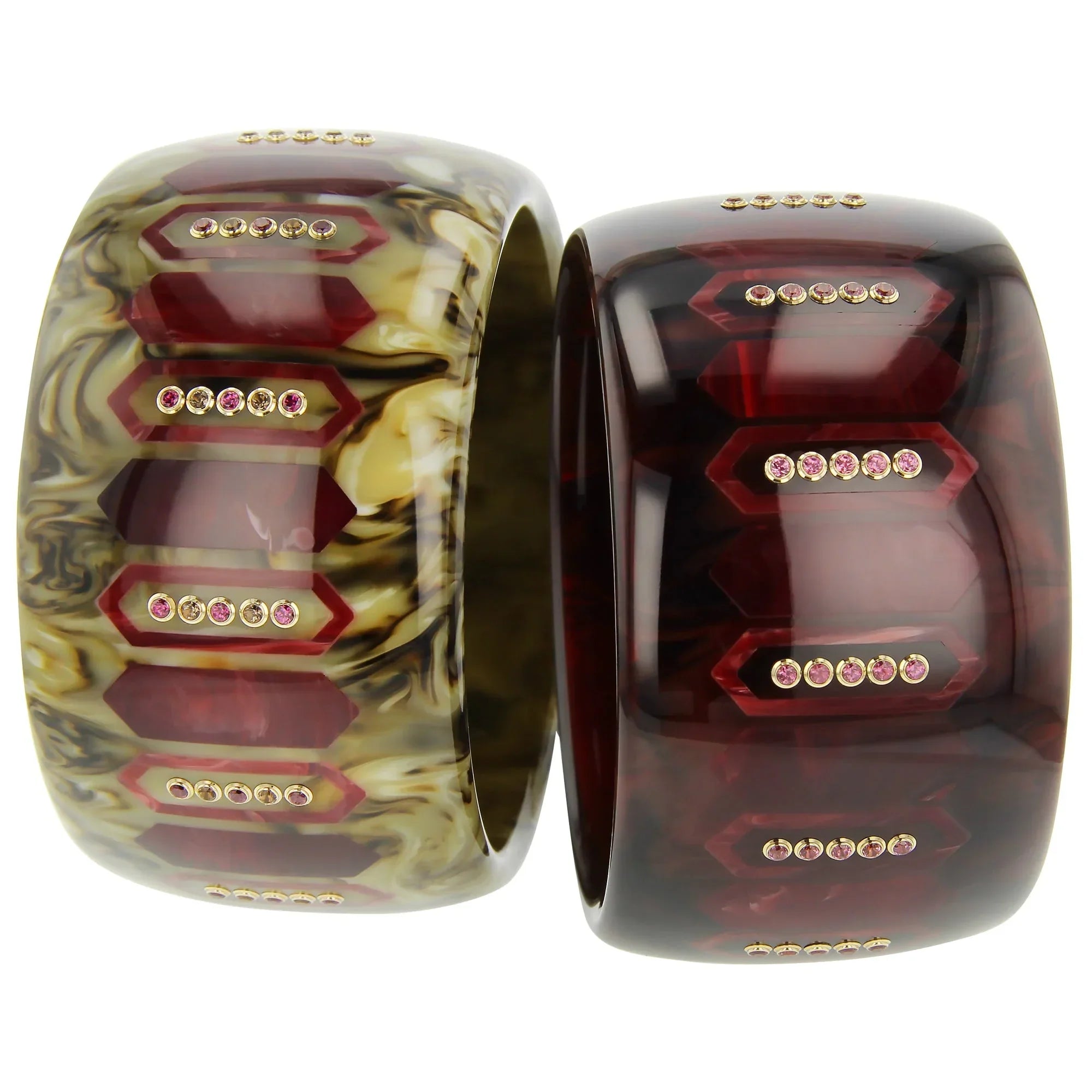 Sabrina Bangle | Marbled brown bakelite with inlay and stones.