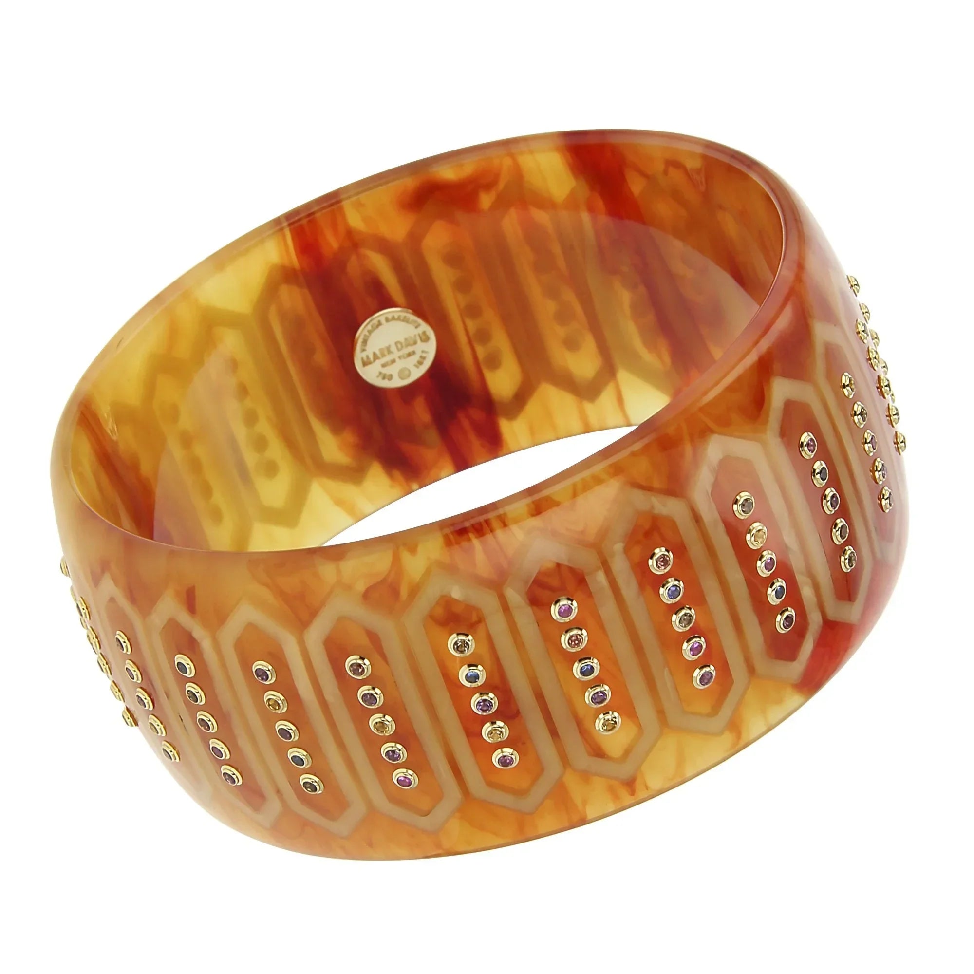 Sabrina Bangle | Bakelite bangle with an inlaid geometric frame pattern and stones.