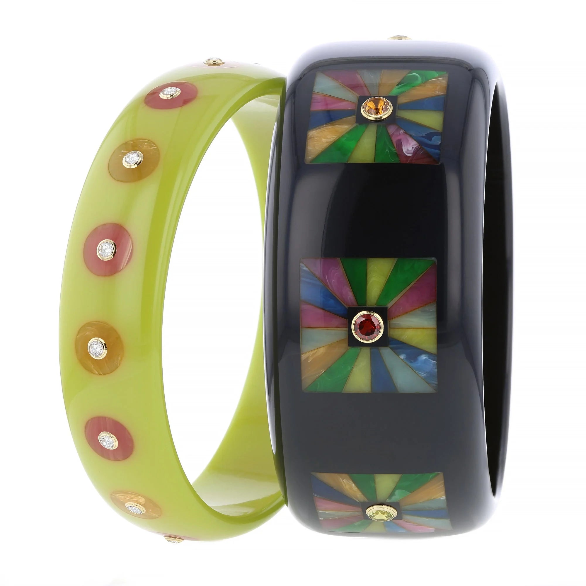 Sasha Bangle | Bakelite with mosaic squares inlay and stones.