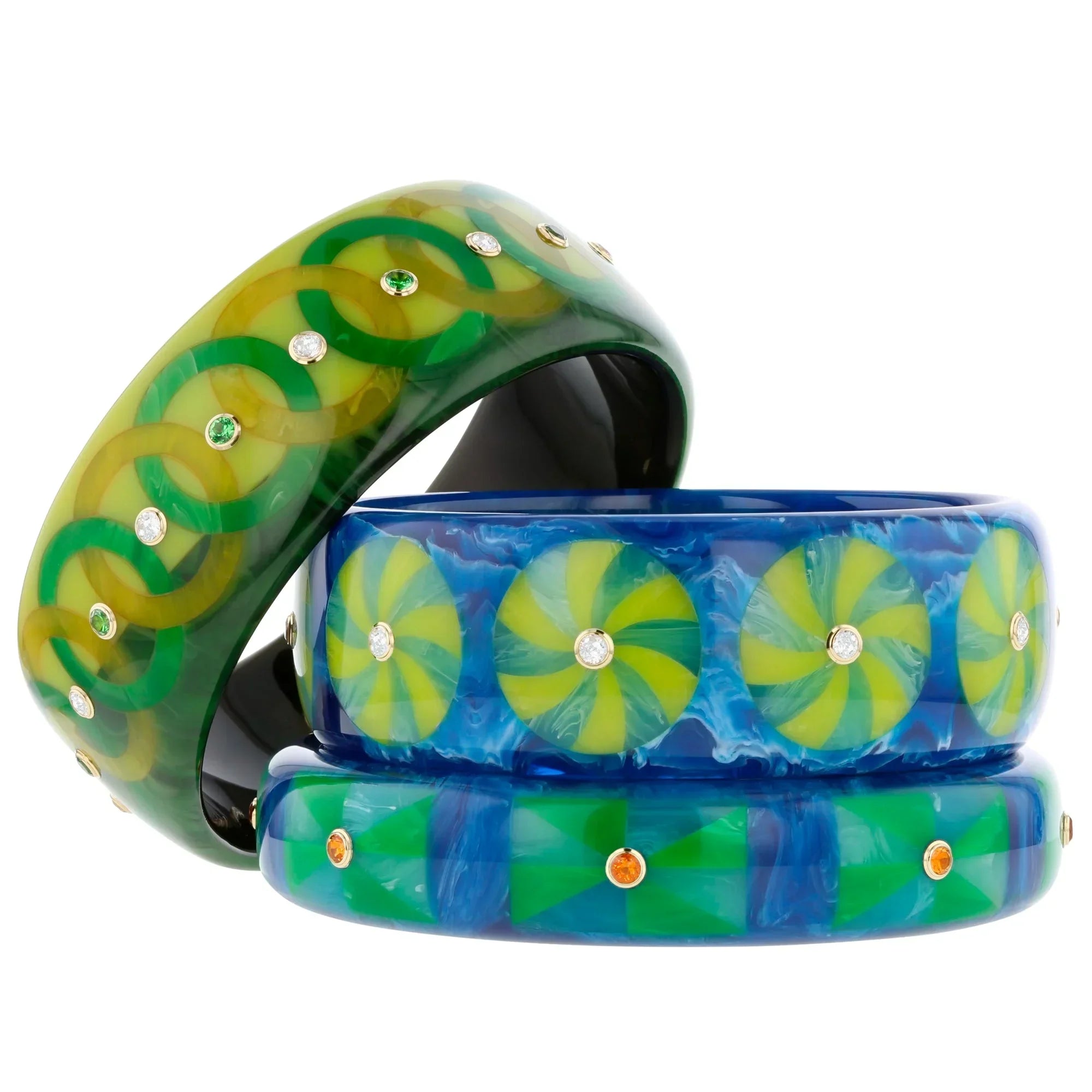 Sawyer Bangle | Marbled blue bakelite bangle with inlay and stones. 