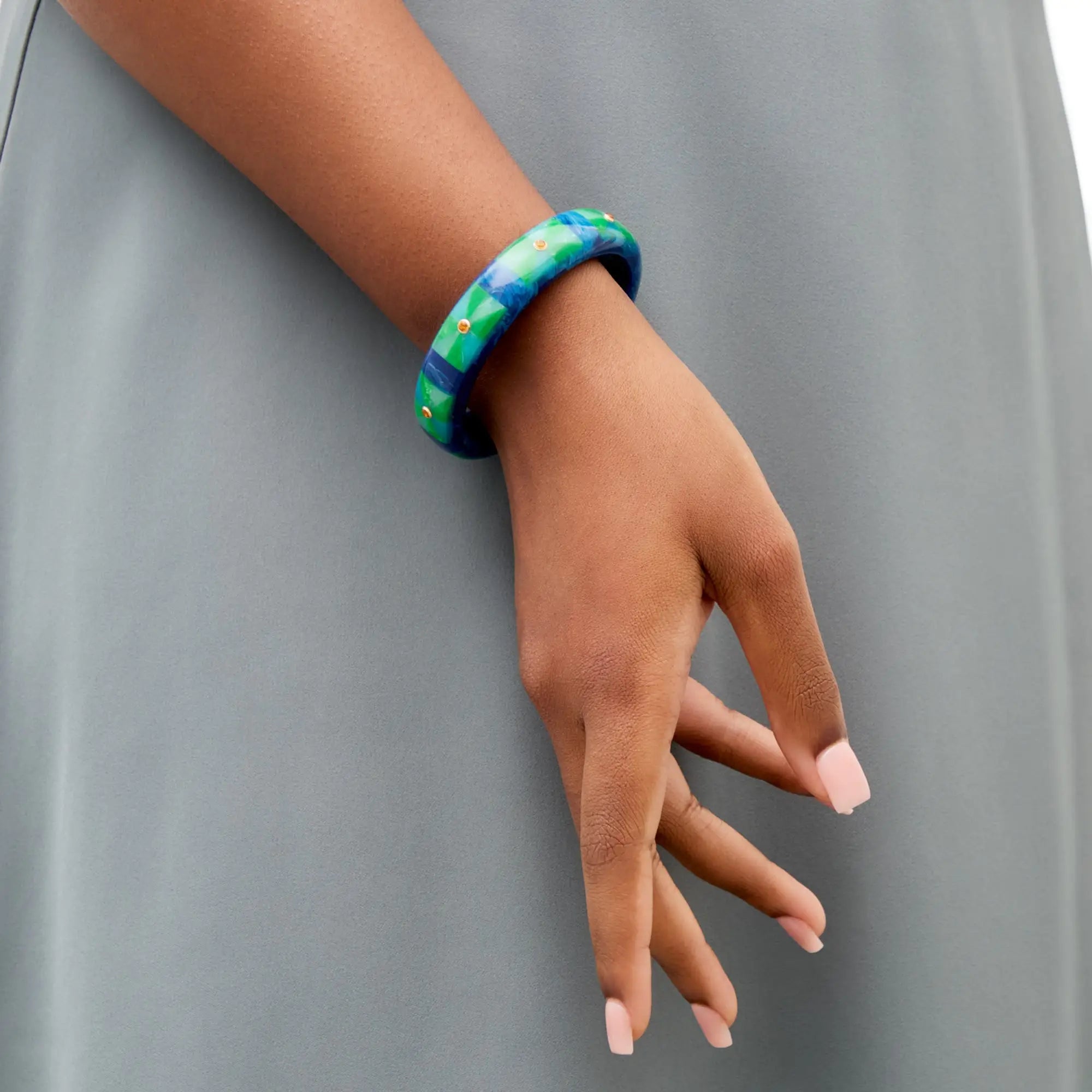 Sawyer Bangle | Marbled blue bakelite bangle with inlay and stones. 