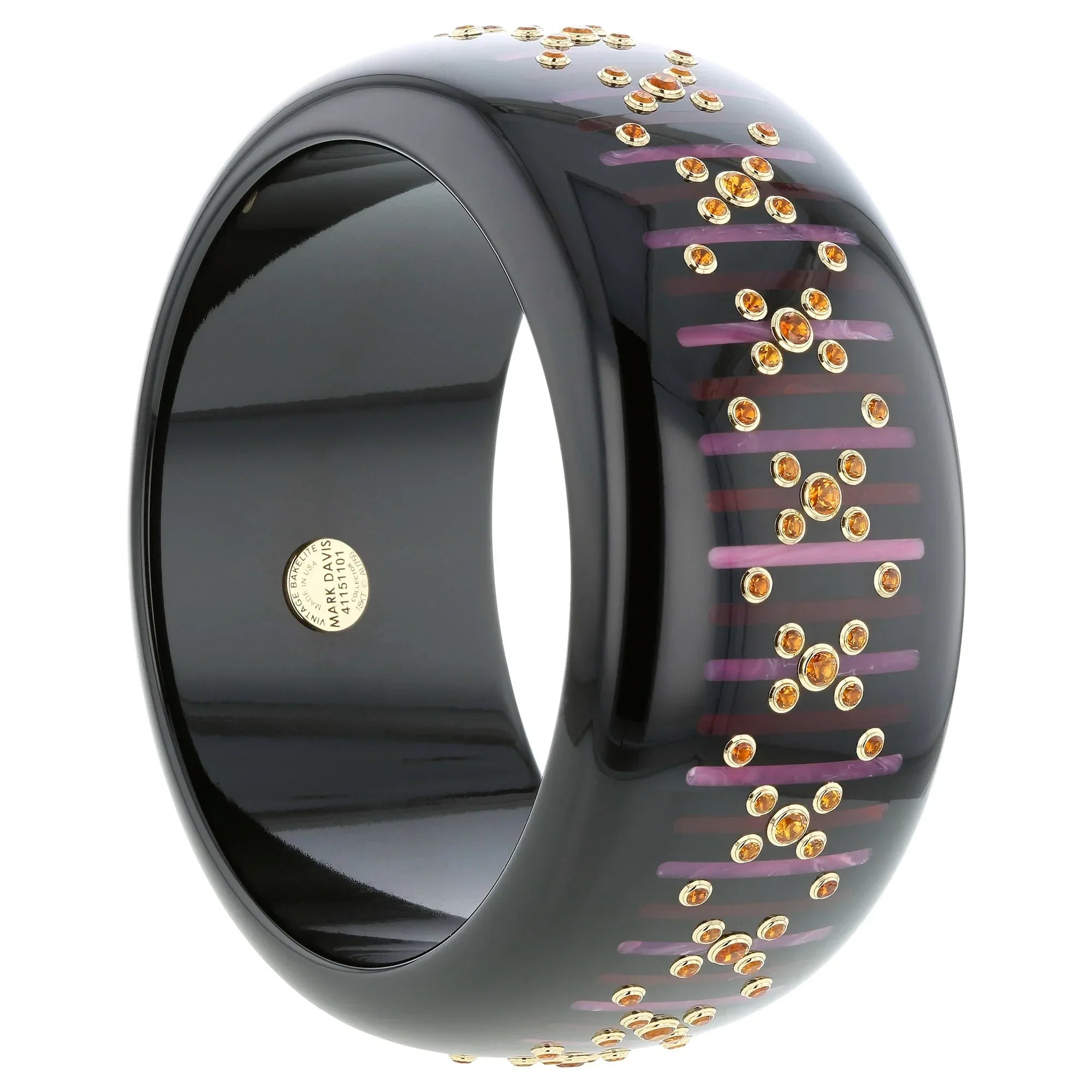 Taylor Bangle | Bakelite bangle with vertical stripes inlay and stones.