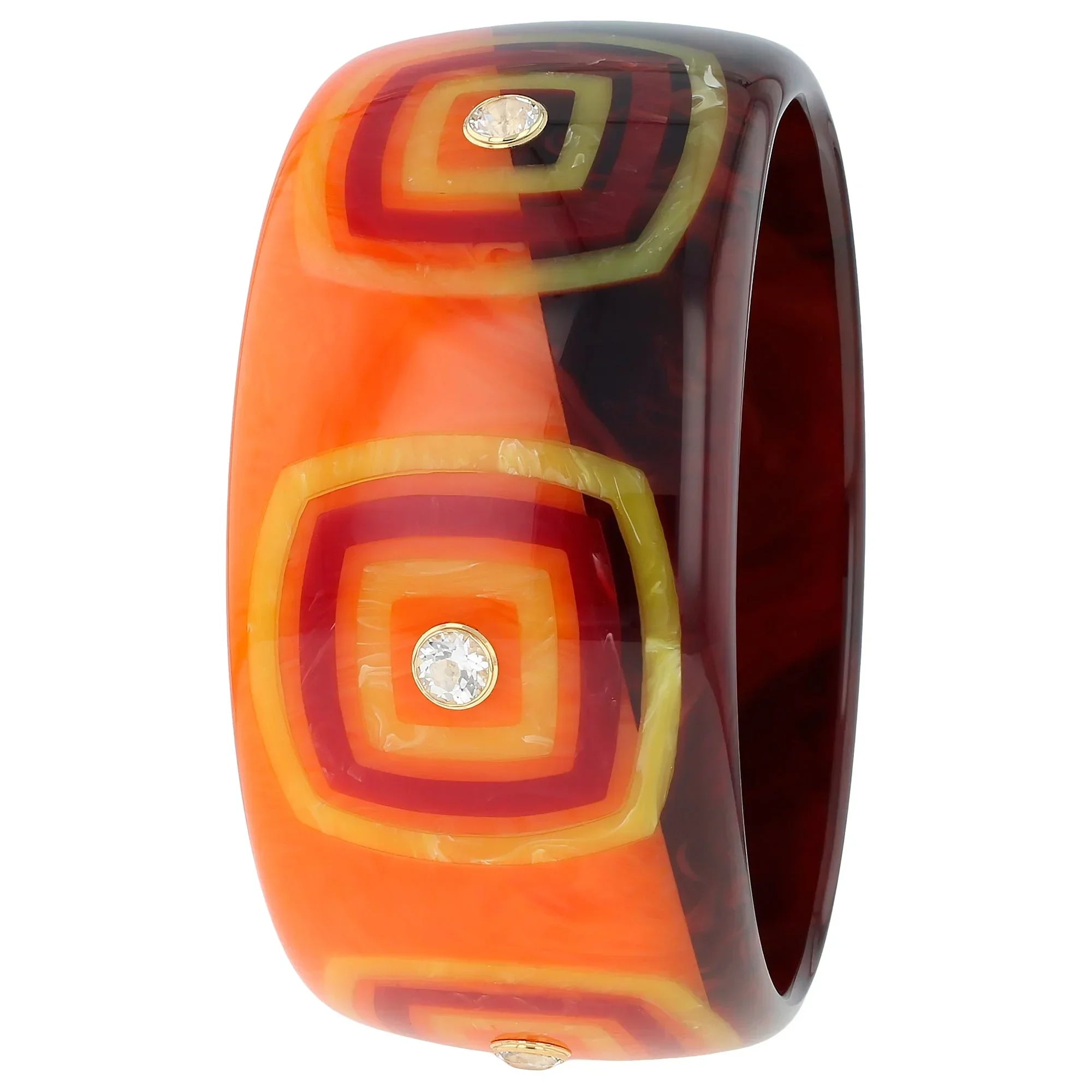 Tierney Bangle | Bakelite with convex square inlay and stones.